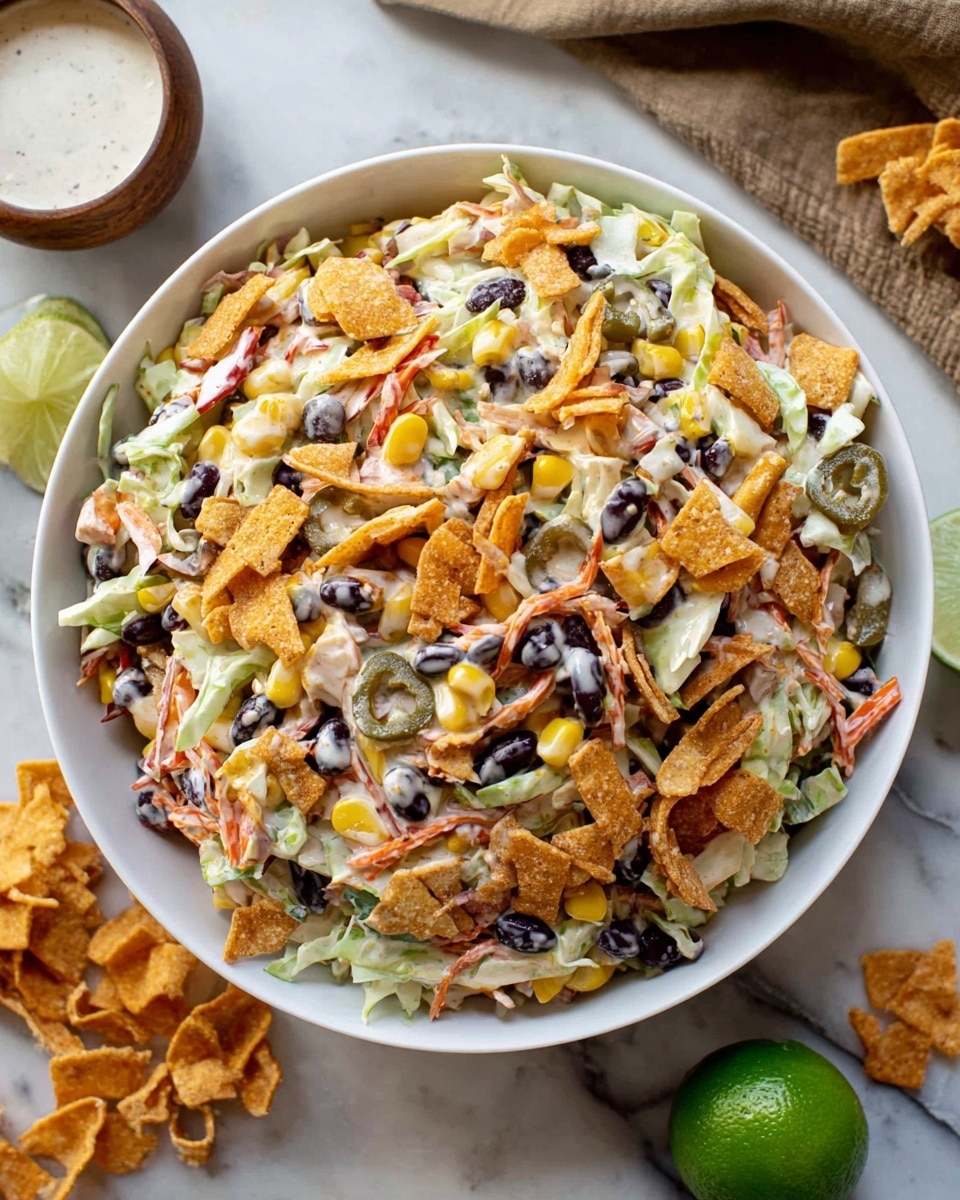 A white bowl filled with a colorful mixed salad sitting on a white marbled table; the salad contains multiple layers of shredded light green cabbage, thin orange carrot strips, black beans, yellow corn kernels, small red pepper pieces, and sliced jalapeños, all coated in a creamy dressing. On top and throughout are broken orange crunchy chips adding texture, while a light sprinkling of chopped herbs is visible. Around the bowl are extra crunchy chip pieces and a green lime half, with a small wooden bowl of white sauce beside it. photo taken with an iphone --ar 4:5 --v 7