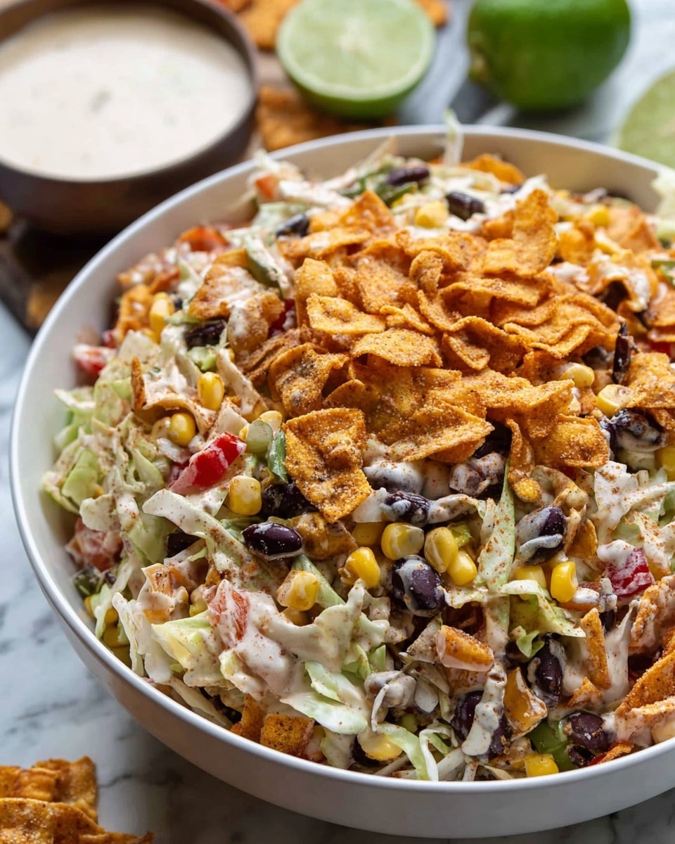 A close-up view of a bowl filled with a colorful snack mix showing three main layers: at the bottom, thin shredded white cabbage and small pieces of red and green peppers; in the middle, a mix of yellow corn kernels and black beans scattered throughout; on top, orange crunchy chip pieces dusted with seasoning, all mixed and coated with a creamy light beige dressing. The bowl is white and sits on a white marbled surface, with a halved lime and a small bowl of creamy dressing blurred in the background. The textures are a mix of creamy, crunchy, and fresh. photo taken with an iphone --ar 4:5 --v 7