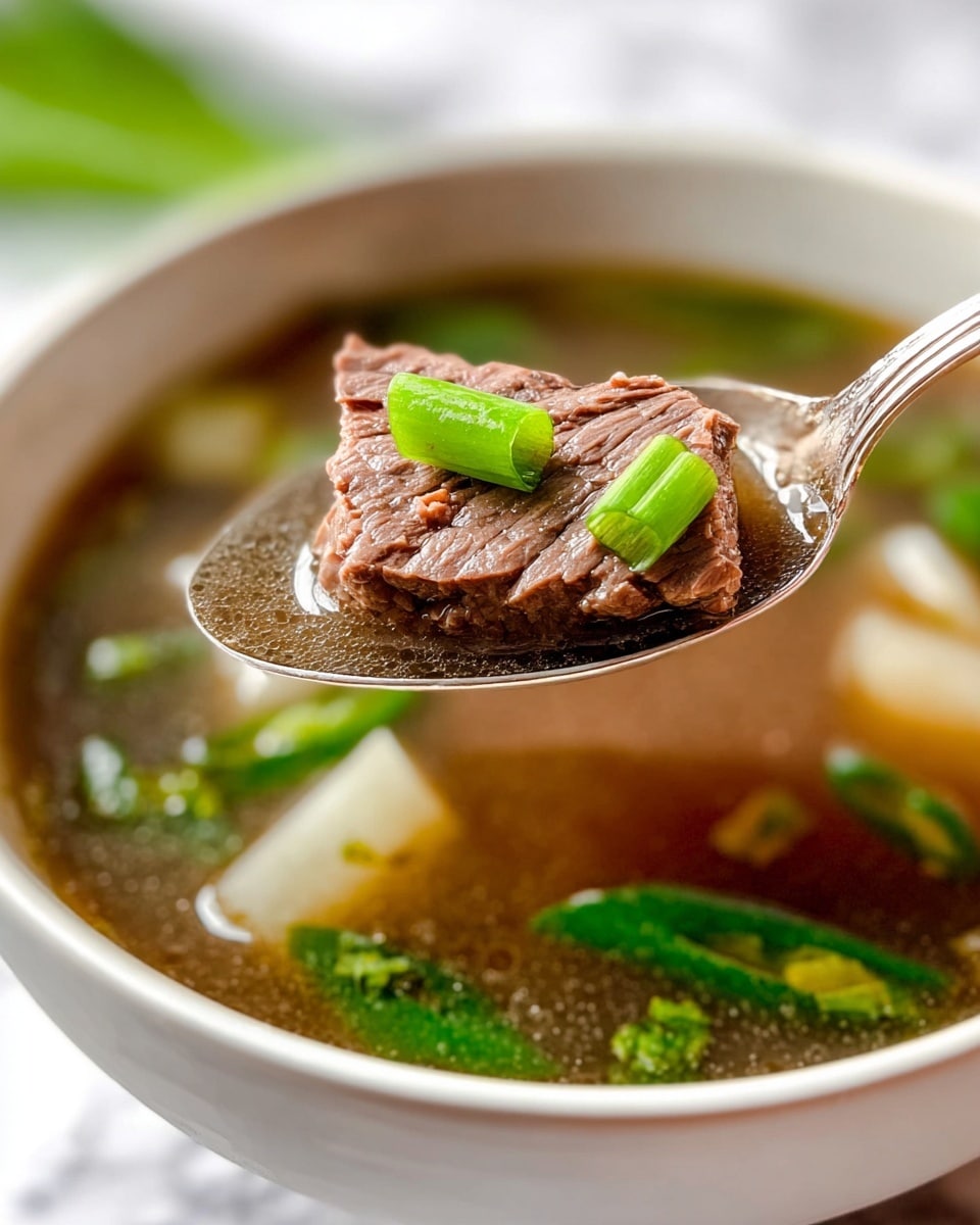 A close-up image of a silver spoon lifting a piece of cooked beef from a bowl of clear brown broth, showing the tender texture and fine grain of the meat. The beef slice is topped with two bright green chopped scallion pieces. Inside the white bowl, floating in the broth, are more green scallion segments and pale, translucent slices of radish or turnip. The bowl sits on a white marbled surface, and the background is softly blurred. photo taken with an iphone --ar 4:5 --v 7