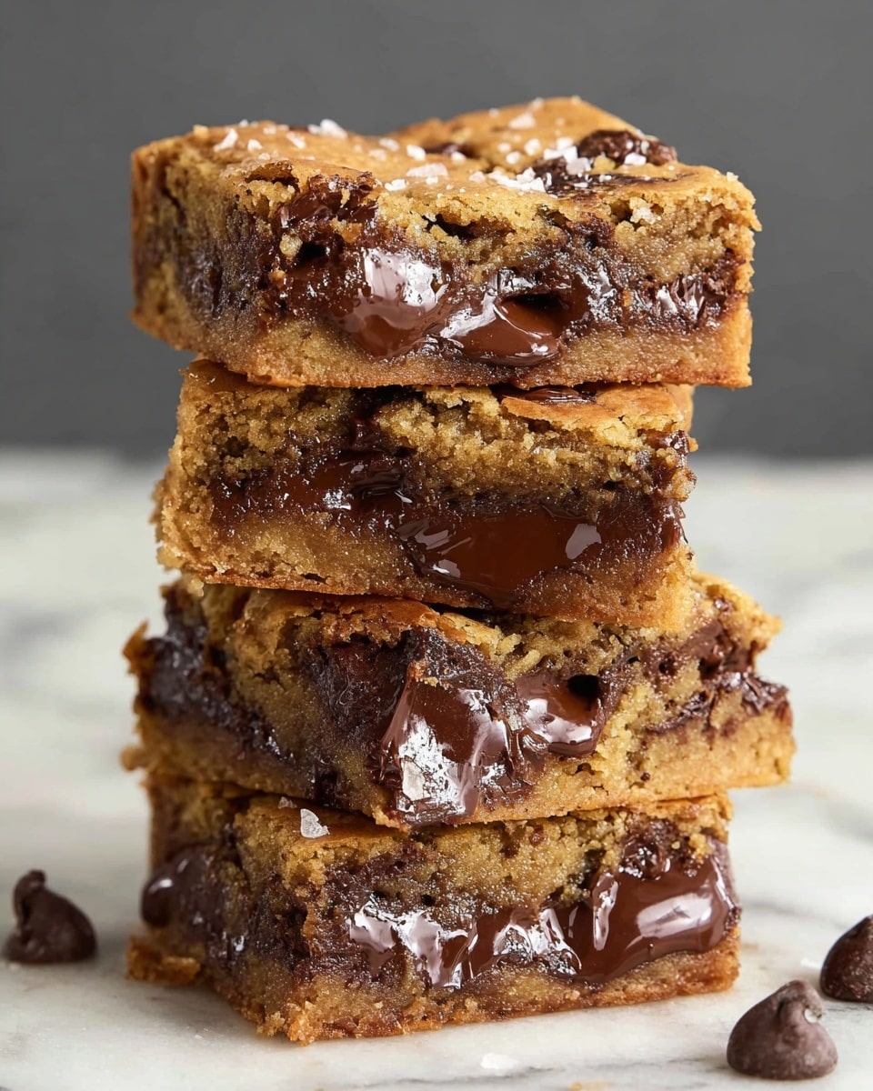 A stack of four thick, square blondies sits on a white marbled surface, each blondie showing layers of soft, golden-brown dough mixed with melted, glossy dark chocolate chunks that ooze slightly at the edges. The top layer is golden with a crumbly texture sprinkled lightly with coarse salt, while the inside is dense and gooey with rich chocolate swirls visible. A few chocolate chips are scattered near the base of the stack, adding to the indulgent look. photo taken with an iphone --ar 4:5 --v 7