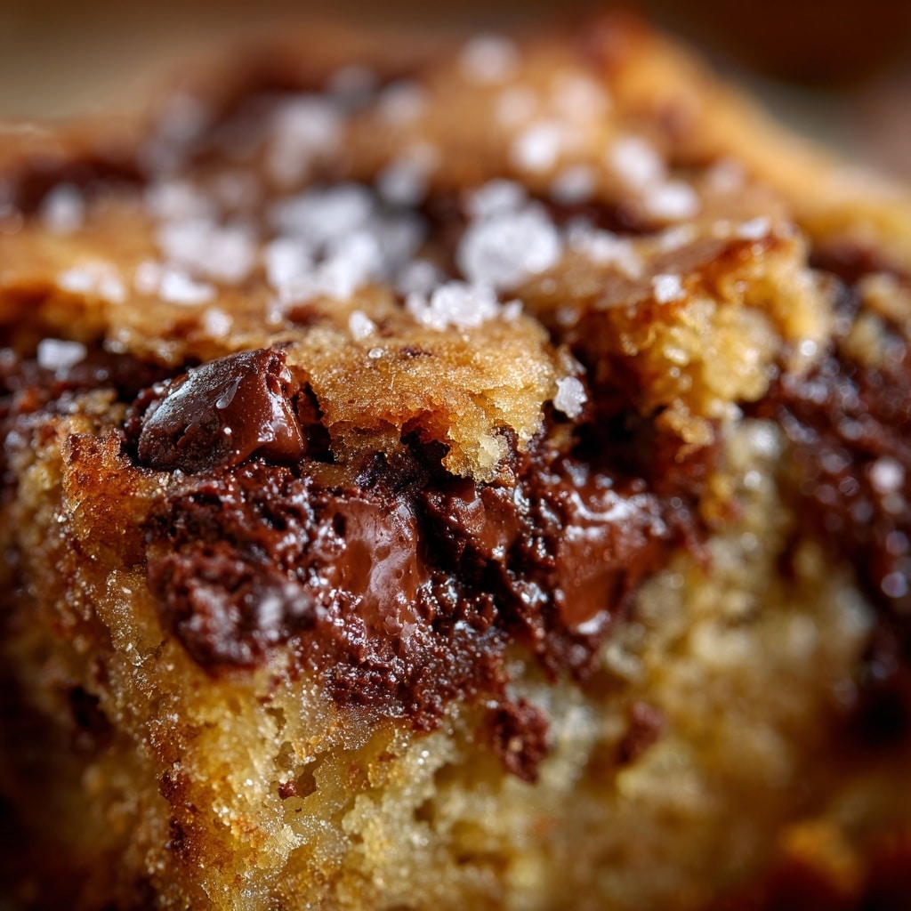 The image shows a close-up of nine cut squares of a baked dessert with a golden brown top layer that looks slightly cracked and textured. Each square contains a mix of glossy, melted dark chocolate chunks and whole pecans, some pecans sitting on the surface while others are slightly embedded. The chocolate appears gooey and rich, oozing out in places, while the pecans add a crunchy texture. The dessert is resting on a white marbled surface, enhancing the warm and inviting colors of the baked treat. photo taken with an iphone --ar 4:5 --v 7