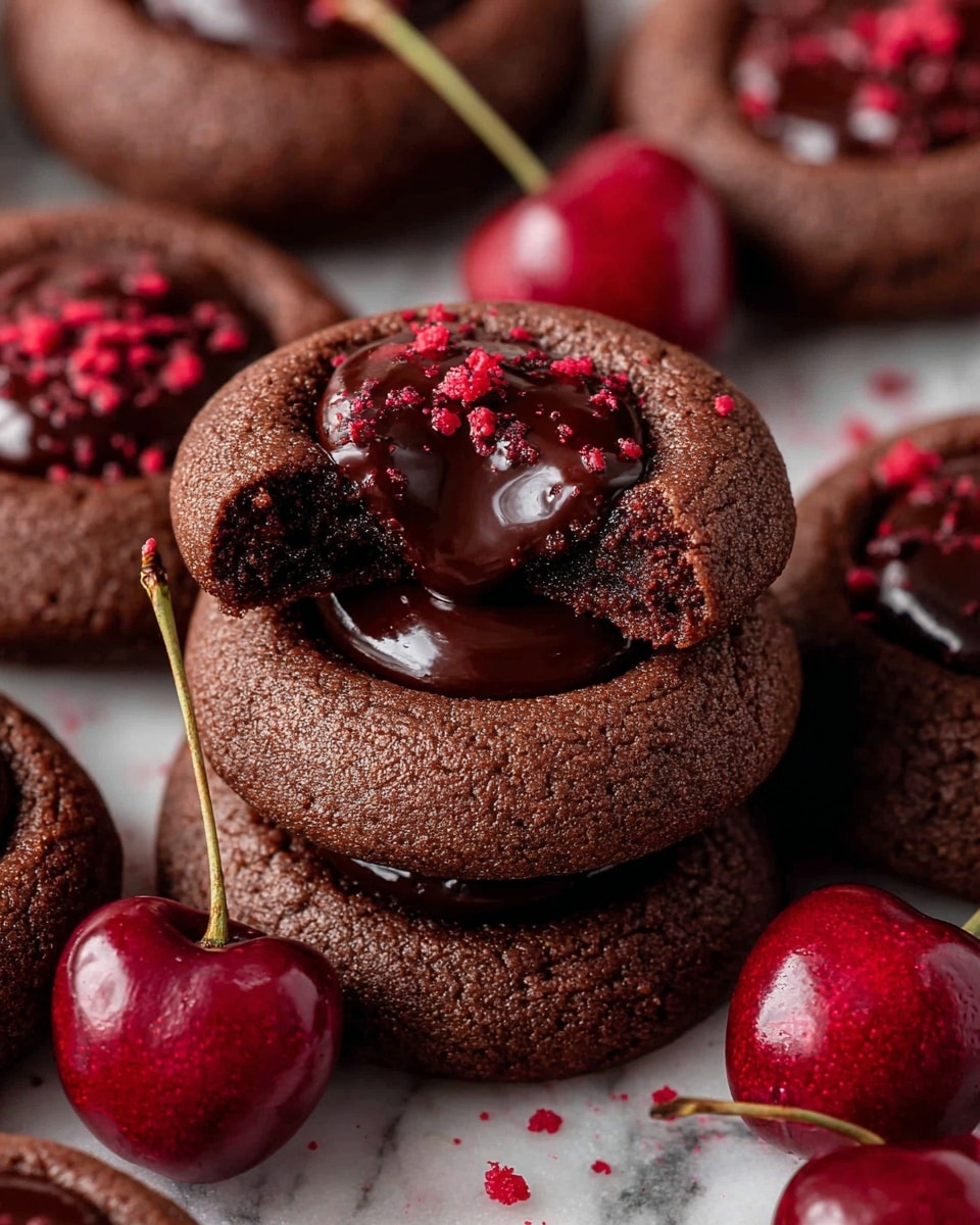 The image shows several round chocolate cookies with a raised edge and a center filled with glossy dark chocolate, each cookie topped with small red sprinkles on one side of the chocolate center. The cookies are placed closely together on a wooden surface, with shiny whole cherries, deep red and attached to thin stems, scattered in between the cookies. The texture of the cookies looks soft and slightly cracked. Photo taken with an iphone --ar 4:5 --v 7