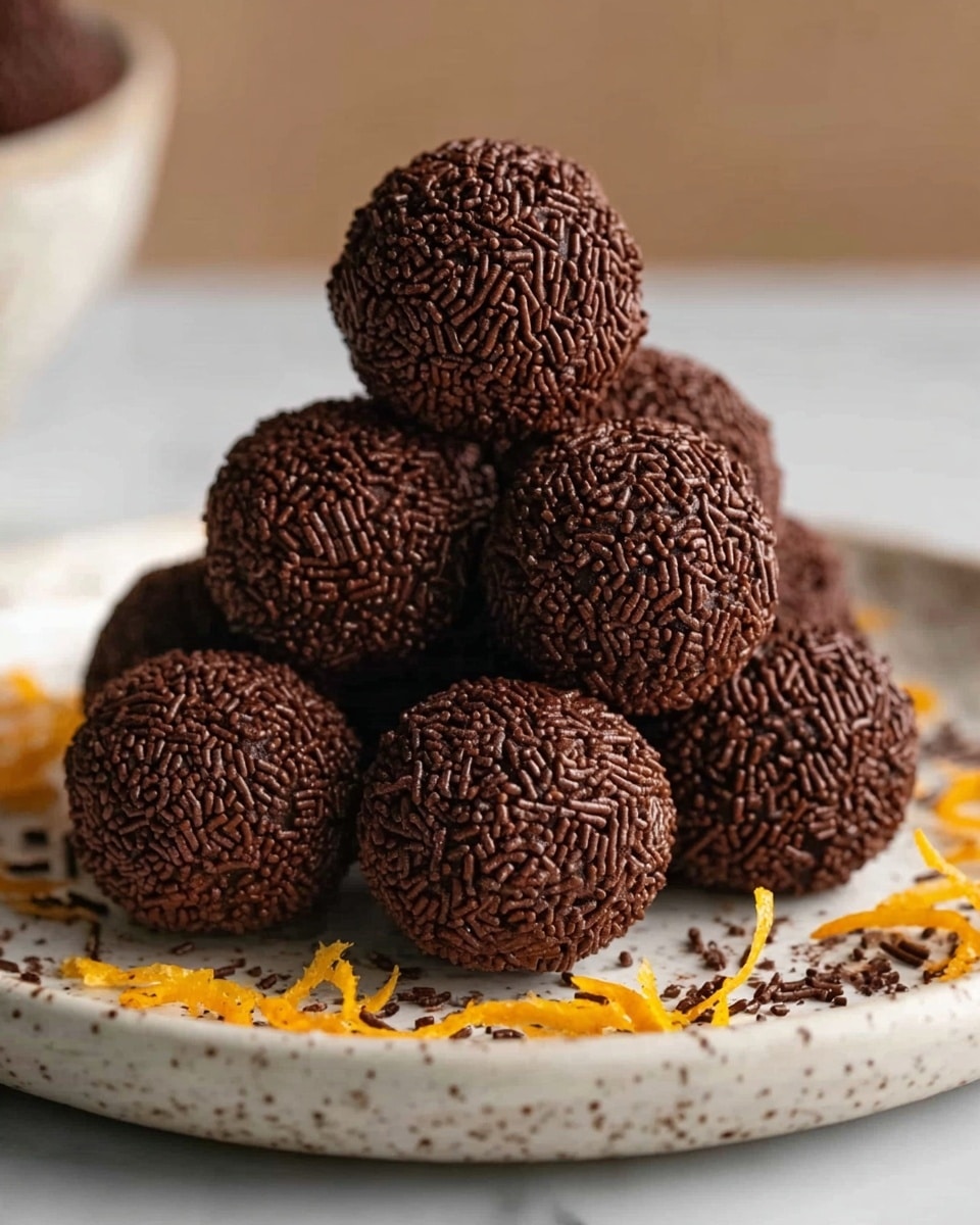 A close-up of a stack of round chocolate truffles covered fully in small, thin chocolate sprinkles, piled in a pyramid shape on a white speckled plate. The truffles are dark brown with a rough, textured surface from the sprinkles. Around the base of the pyramid on the plate, there are a few scattered chocolate sprinkles and some thin strips of bright orange zest, adding color contrast. The background is softly blurred, focusing on the rich details of the truffles. The scene is set on a white marbled texture surface. photo taken with an iphone --ar 4:5 --v 7