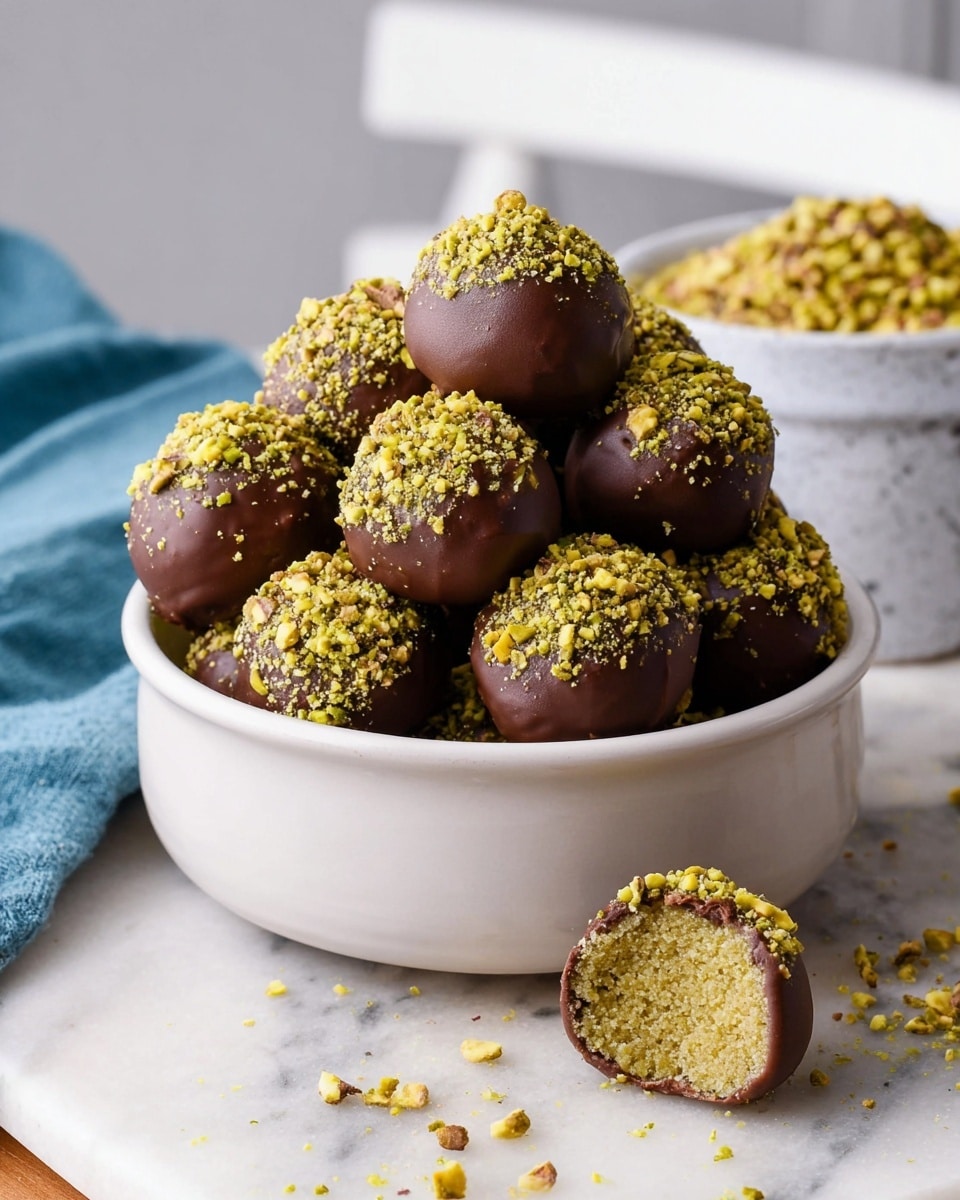 A round white bowl filled with layered chocolate-covered balls, each topped with green crushed pistachios. One ball in front is cut open, showing a rough-textured, light greenish-yellow inside. The balls have a smooth dark brown chocolate coating and are stacked closely together. The bowl is placed on a white marble surface, with some crushed pistachios scattered around and a matching white bowl filled with more crushed pistachios in the background. A white chair and a blue cloth are visible softly blurred in the background. photo taken with an iphone --ar 4:5 --v 7