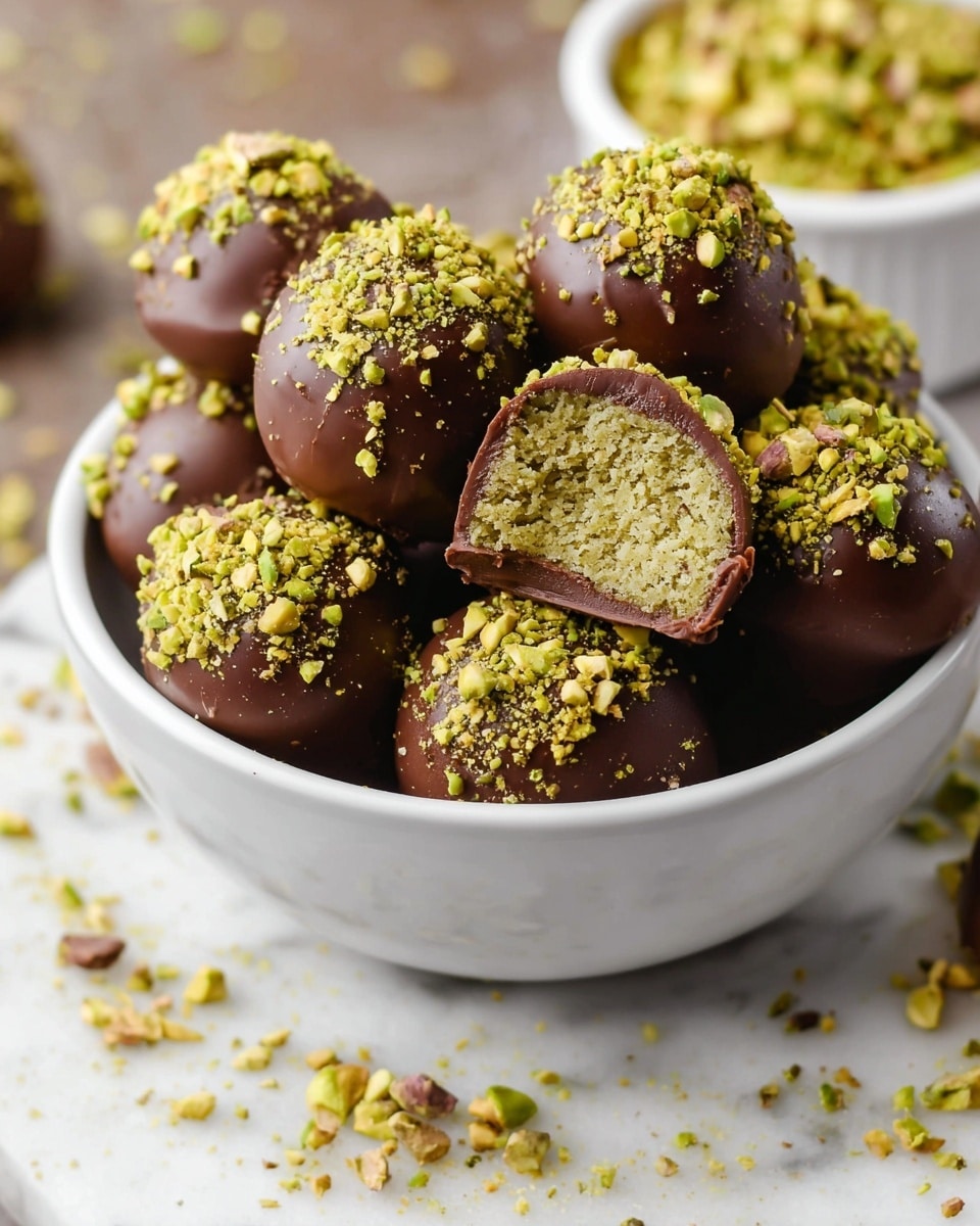 A white bowl filled with round chocolate truffles, each coated in smooth dark brown chocolate and topped with bright green crushed pistachio nuts. One truffle in front is cut in half, showing a dense, crumbly light green center layered inside the chocolate coating. The bowl rests on a white marbled surface, with a white bowl filled with more crushed pistachios blurred in the background. Some pistachio crumbs are scattered around the bowl. photo taken with an iphone --ar 4:5 --v 7