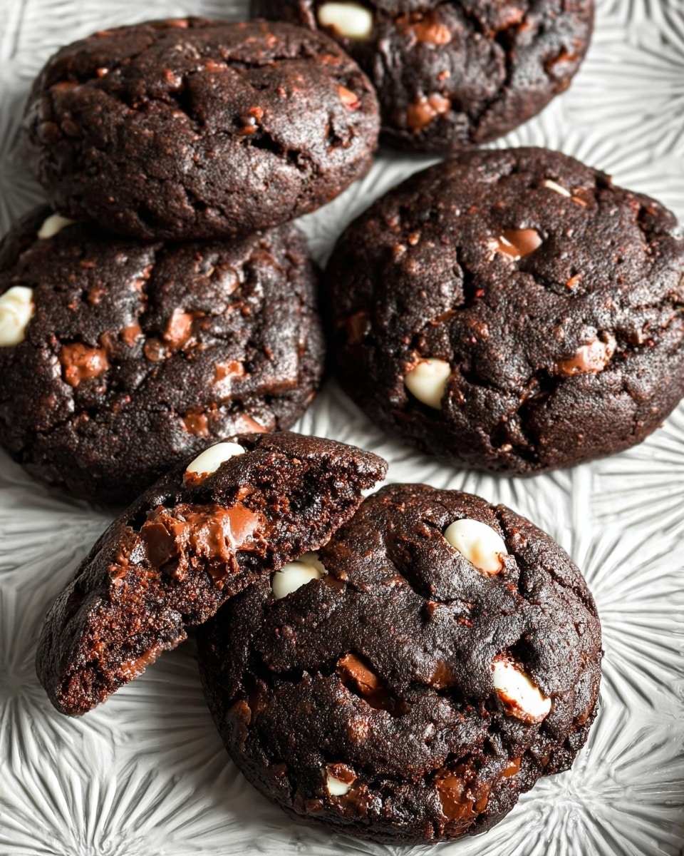 The image shows five round, thick, dark chocolate cookies with white and milk chocolate chips scattered throughout. The cookies have a moist, slightly cracked surface with a rich, deep brown color. Two of the cookies are broken in half, revealing a chewy, dense inside with melted chocolate chips visible. They rest on a patterned white marbled tray that has a geometric starburst design. The contrast between the dark cookies and the light tray makes the chocolate chips stand out clearly. photo taken with an iphone --ar 4:5 --v 7