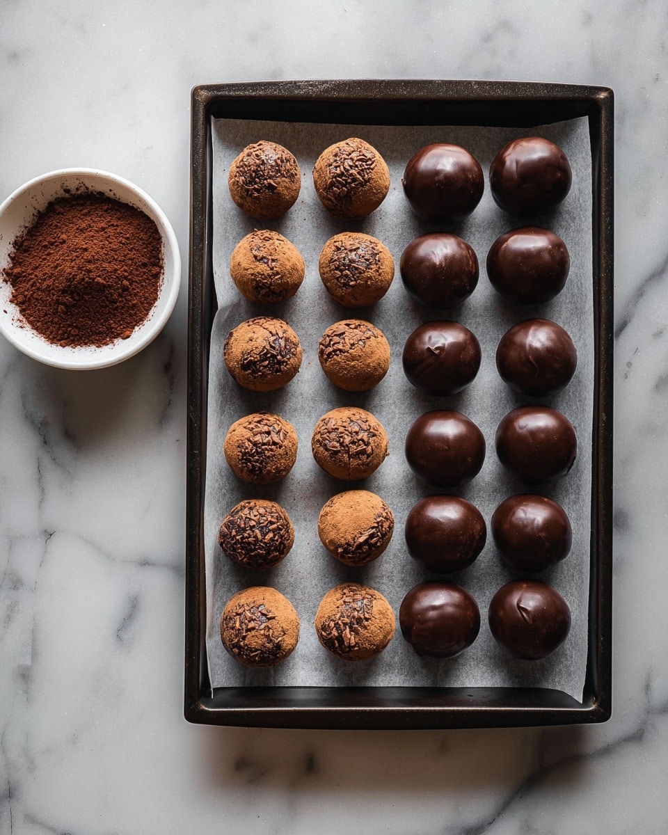A baking tray lined with white parchment paper holds 24 round truffles arranged in a neat 6x4 grid. The first two left columns show light brown truffles coated with a rough texture of small dark chocolate shavings, while the remaining truffles are smooth, glossy dark brown chocolate balls with a few having slight cracks on their surface. To the left of the tray sits a small white bowl filled with loose dark cocoa powder. The scene is set on a white marbled tabletop, emphasizing the rich chocolatey tones of the truffles. photo taken with an iphone --ar 4:5 --v 7