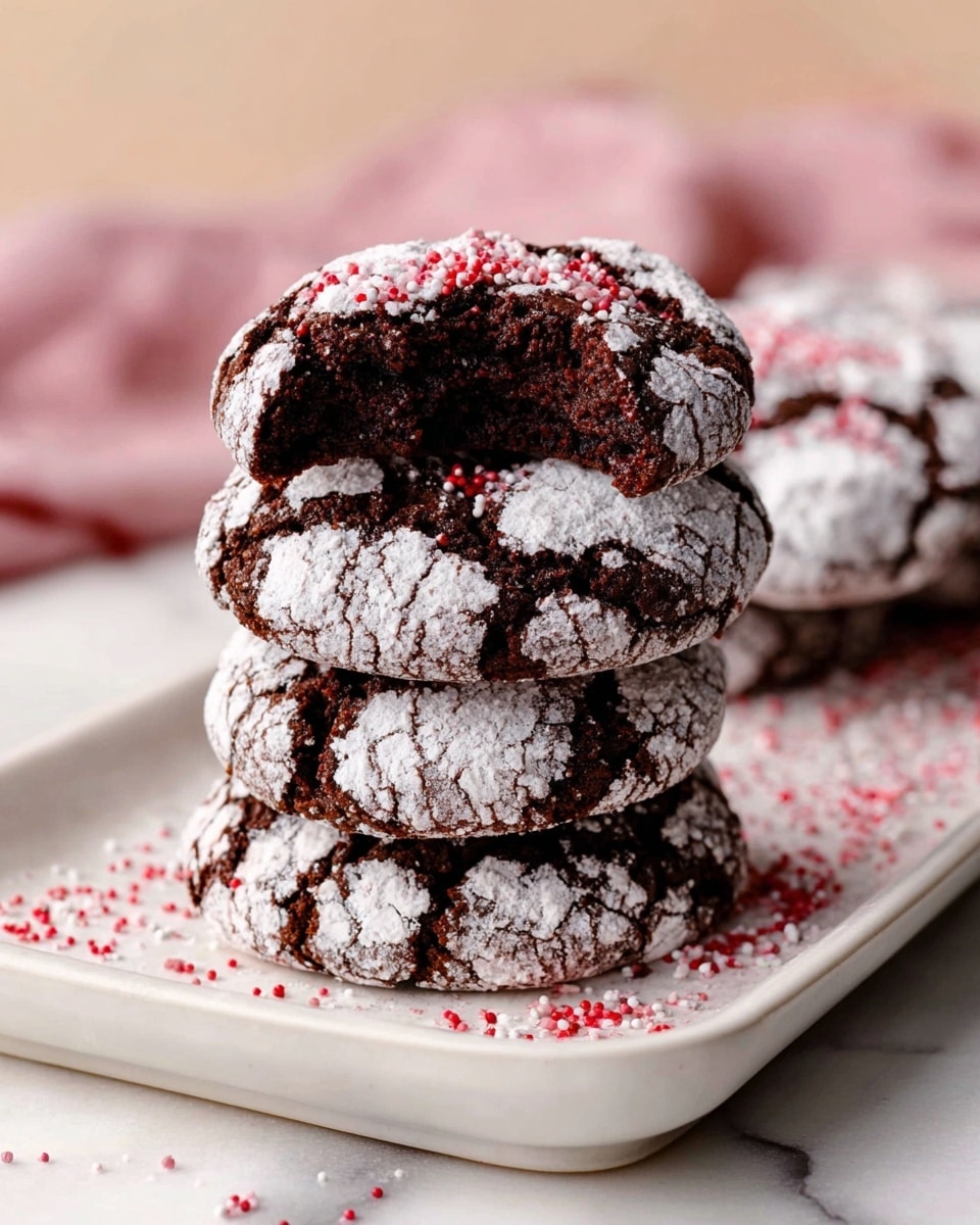 A stack of four dark brown chocolate crinkle cookies sits on a white rectangular plate, each cookie covered in a cracked layer of white powdered sugar with light red sprinkles scattered on top and around the plate. The top cookie is broken in half, showing a moist, dense interior. The cookies have a rough texture from the cracks and powdered sugar contrast. The plate rests on a white marbled surface with a soft pink cloth blurred in the background, adding warmth to the scene. Photo taken with an iphone --ar 4:5 --v 7