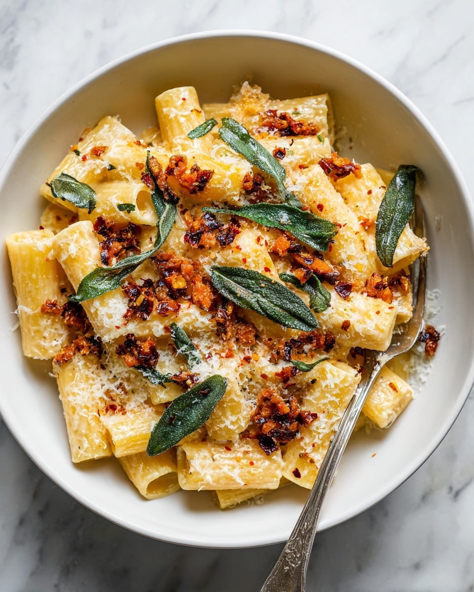 A white bowl holds rigatoni pasta coated in a creamy, pale yellow sauce. On top, there are browned, crispy orange chunks that look roasted. Bright green fried sage leaves are scattered over the dish, along with grated white cheese and small red chili flakes. A silver fork rests on the right side inside the bowl. The bowl sits on a white marbled surface. photo taken with an iphone --ar 4:5 --v 7