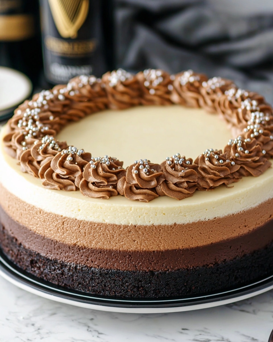 A round cake is shown with three clear layers: the bottom layer is dark and crumbly like chocolate crust, the middle layer is a rich brown chocolate filling, and the top layer is a smooth pale cream color. On top of the cream layer, there is a decorative ring of swirled light brown chocolate frosting around the edge, sprinkled with small silver beads. The cake is on a white plate with a black rim, set against a white marbled surface with blurred background elements. photo taken with an iphone --ar 4:5 --v 7