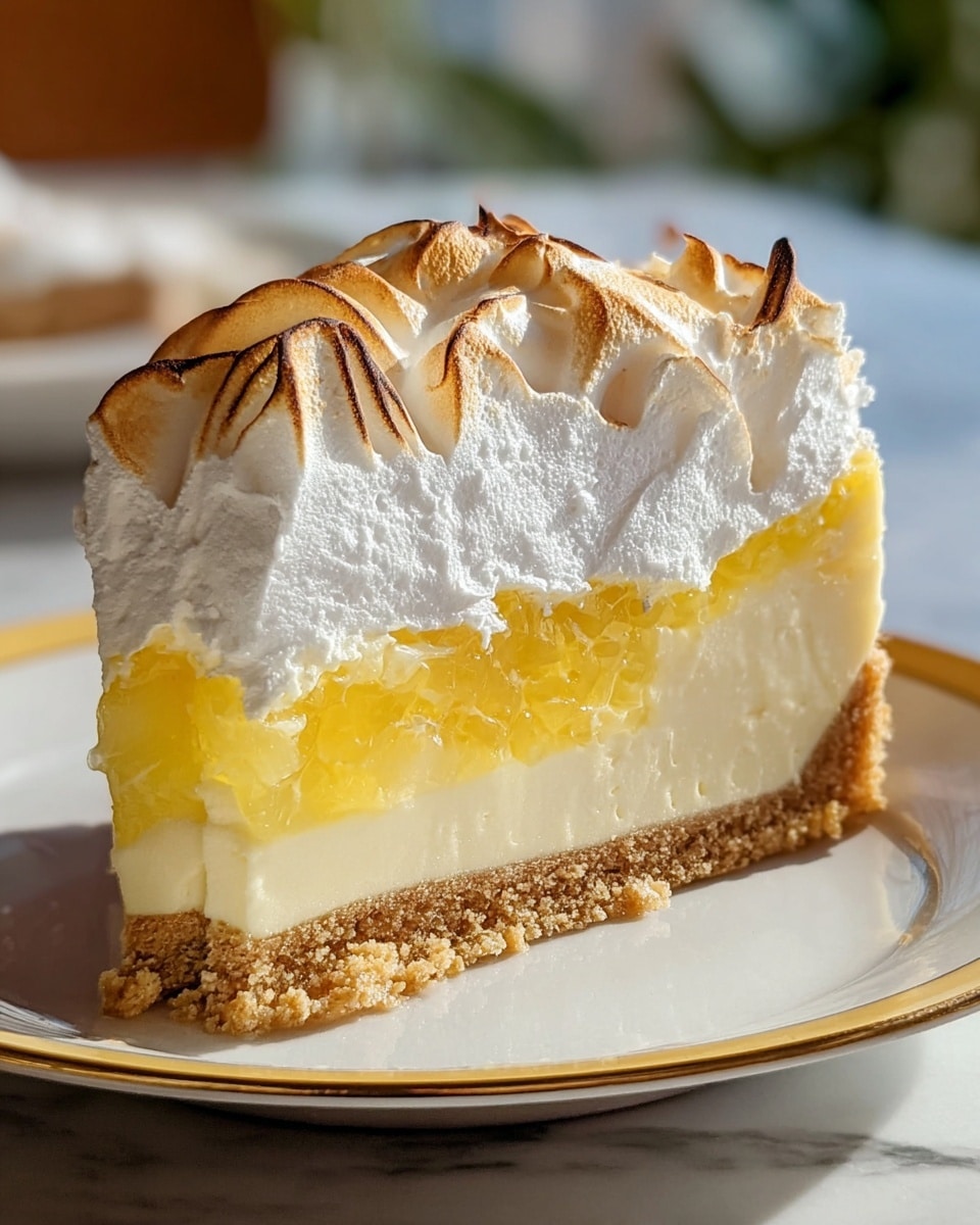 A slice of layered pie is shown on a white plate with a thin gold edge, placed on a white marbled surface. The bottom layer is a crumbly, light brown crust. Above this is a creamy, pale yellow cheesecake layer with smooth texture. Next lies a bright yellow, translucent lemon jelly layer mixed with bits of lemon pulp. On top is a thick layer of fluffy, white meringue, with peaks that are toasted golden brown, giving a slightly crispy look. The background is softly blurred with natural light highlighting the cake’s textures. photo taken with an iphone --ar 4:5 --v 7