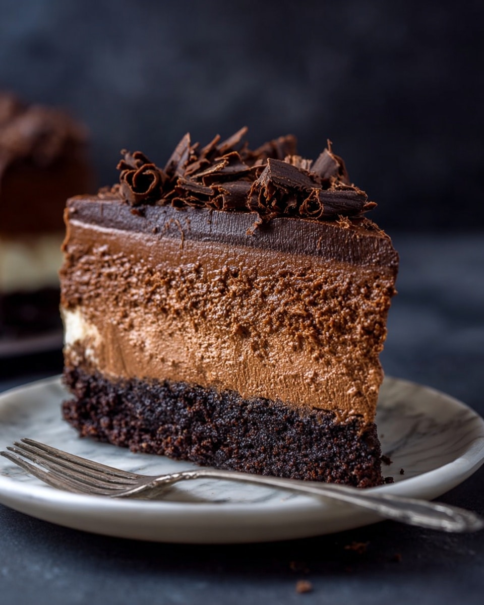 A close-up of a three-layer chocolate cake slice on a white plate, resting on a white marbled texture. The bottom layer is a dark, crumbly chocolate crust, the middle layer is a smooth, light milk chocolate mousse, and the top layer is a thick, darker chocolate ganache with a slightly rough texture. On top of the cake are delicate dark chocolate curls scattered loosely. A silver fork lies beside the cake on the plate. The background is dark and blurred, making the cake the main focus. Photo taken with an iphone --ar 4:5 --v 7