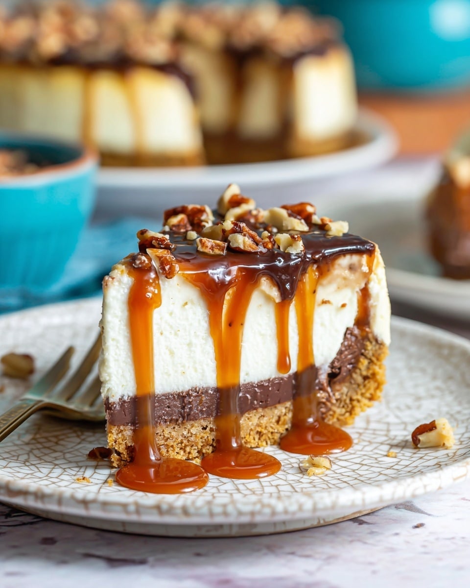 A slice of cheesecake with three distinct layers sits on a white plate with a cracked texture. The bottom layer is a golden brown crumbly crust, the middle layer is a smooth dark chocolate filling, and the top layer is a thick creamy white cheesecake. Rich caramel and dark chocolate sauces drip down the sides, creating glossy streams. Small chopped nuts are sprinkled on top and around the slice, adding texture. The scene is set on a white marbled surface with a blurred background showing more dessert in white plates and a blue bowl. Photo taken with an iphone --ar 4:5 --v 7