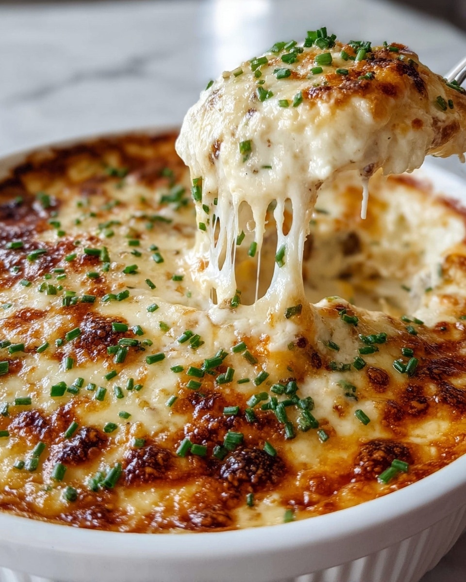A close-up view of a white round dish filled with a creamy, baked cheesy dip. The top layer is golden brown with crispy spots, covered with finely chopped green chives scattered evenly. A scoop of the cheese dip is being lifted, showing a few thick, stretchy strands of melted cheese pulling away. The dip beneath the top layer looks smooth and rich, with bits of browned ingredients visible. The dish is set on a white marbled texture surface, with soft natural light shining on it. photo taken with an iphone --ar 4:5 --v 7