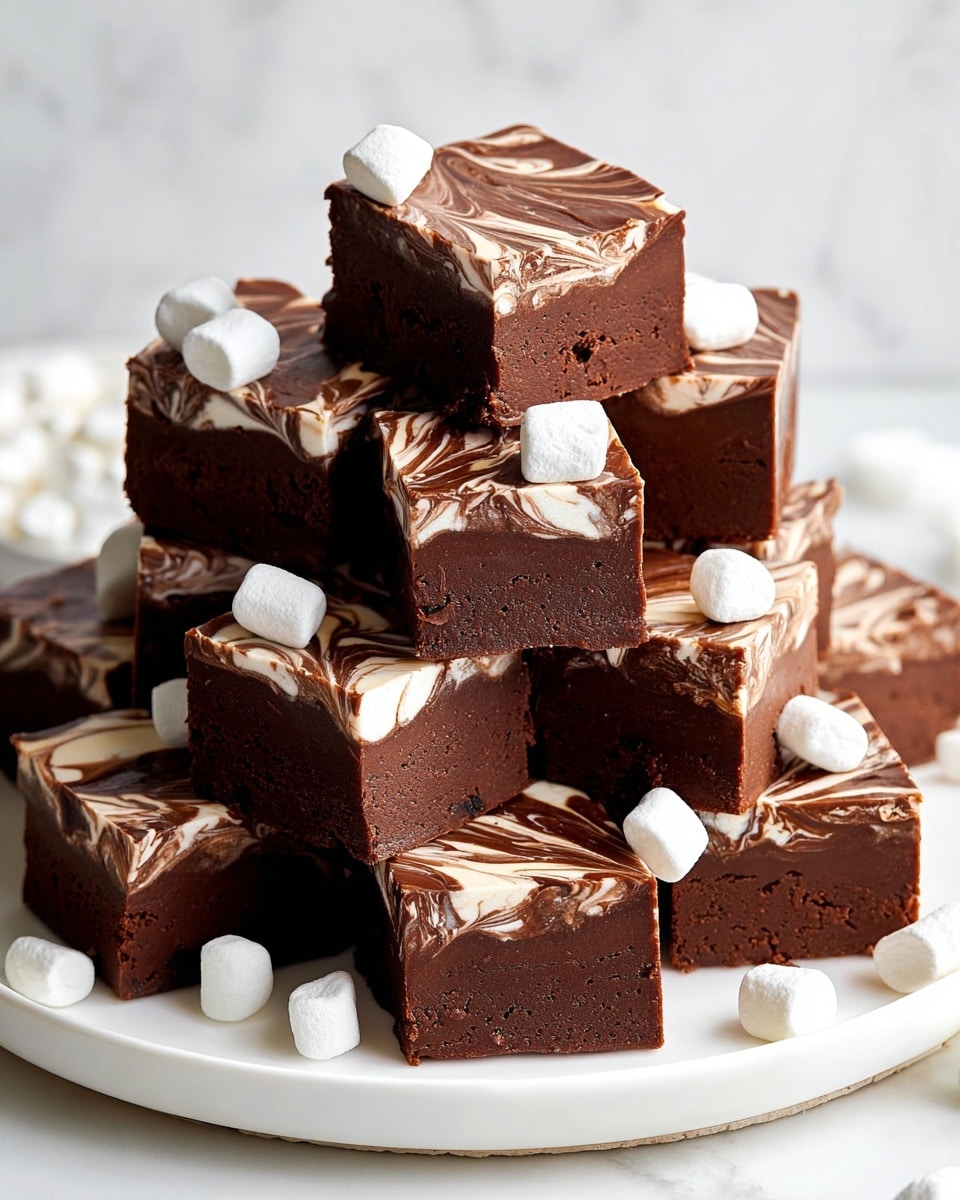 A white plate holds 16 square brownies arranged in a loose circle. Each brownie has two visible layers: a bottom dark brown chocolate base with a slightly crumbly texture, and a smooth chocolate top layer swirled with white cream in a marbled pattern. Seven of the brownies have a small white marshmallow placed in the center on top. The plate is on a white marbled surface with some small brownie crumbs and a few scattered white marshmallows around it. Photo taken with an iphone --ar 4:5 --v 7