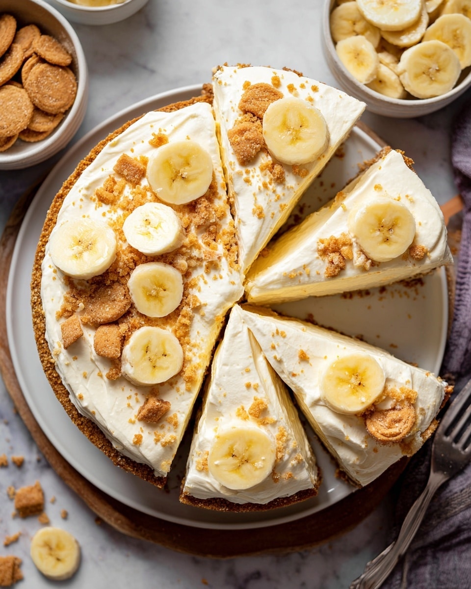 A round banana cream pie is cut into five slices, placed closely on a white plate on a white marbled surface. The pie has a thick light brown crust at the base and sides, topped with a tall, fluffy pale yellow cream layer that looks whipped and smooth. On top of the cream are scattered crumbled golden brown cookie pieces along with thin, circular banana slices placed evenly on each slice. Two small white bowls sit beside the plate, one holding more round cookie pieces and the other filled with sliced bananas. A silver fork is placed near the slices. Photo taken with an iphone --ar 4:5 --v 7