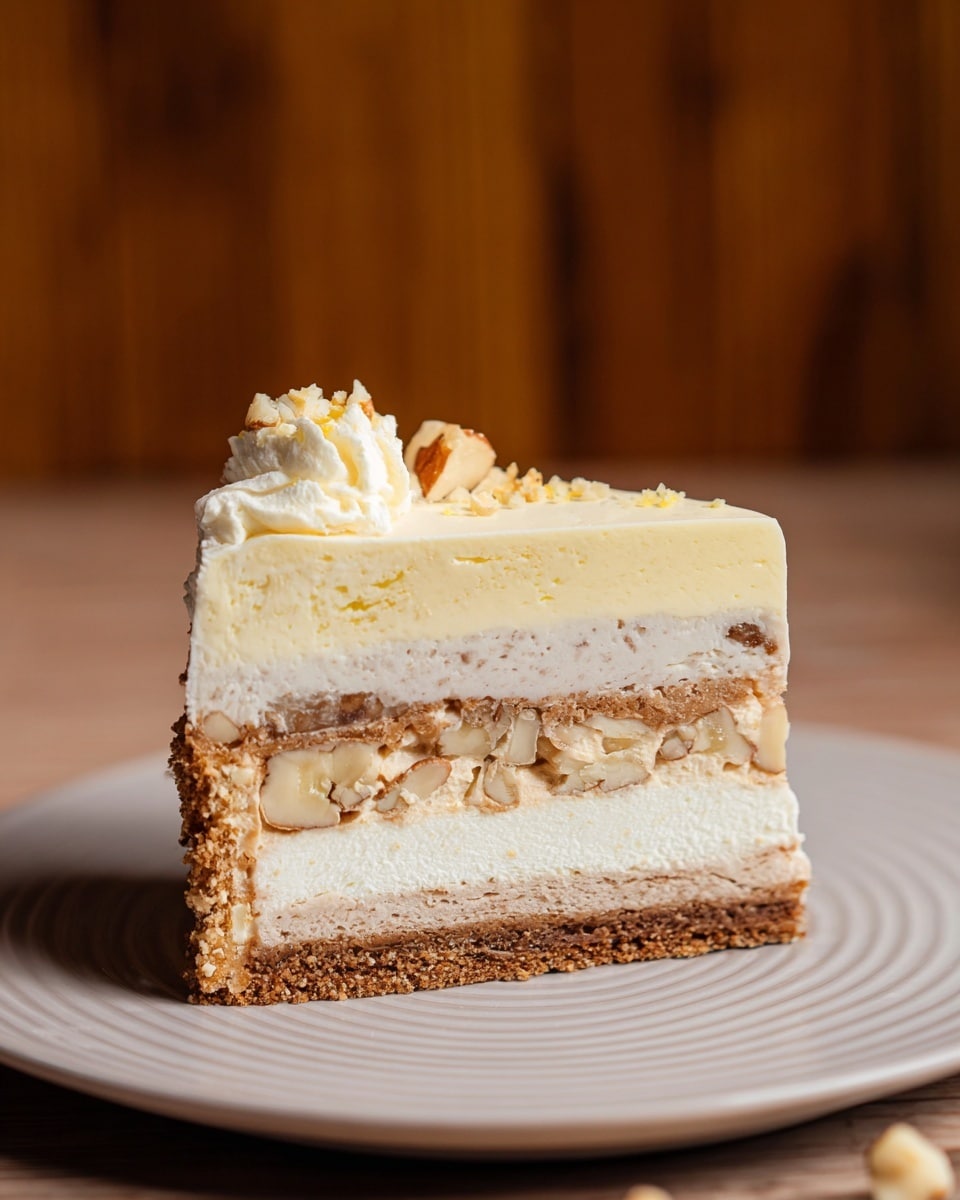 A slice of creamy layered cake sits on a white plate with a subtle ridge design, placed on a white marbled textured surface. The cake has five distinct layers: the bottom layer is a thick, crumbly brown crust, above it is a smooth light cream layer with small chunks of fruit. The middle layer is a denser beige cream with scattered nut pieces. Just above that is a smooth pale yellow creamy layer, topped with a light yellow whipped topping, sprinkled with small crumbs. The background is blurred with a warm wooden color. Photo taken with an iphone --ar 4:5 --v 7