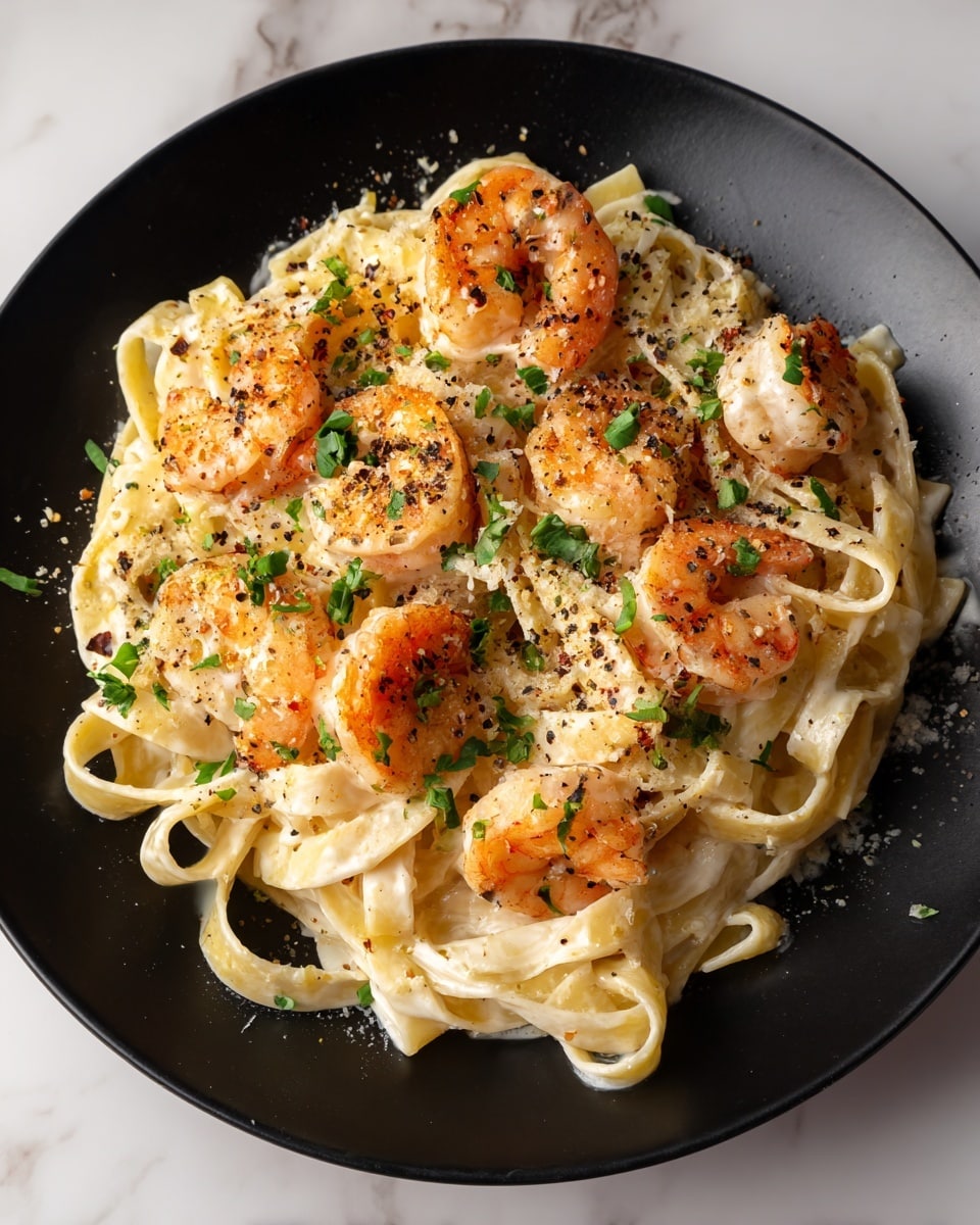 A black plate sits on a white marbled surface, filled with a mound of creamy off-white fettuccine pasta layered evenly as the base. On top, there are several pink and orange cooked shrimp, each curled and scattered across the pasta. The dish is sprinkled with small pieces of chopped green herbs and a generous dusting of ground black pepper, adding specks of dark texture. The creamy sauce coating the pasta has a smooth, glossy look, blending the layers together. photo taken with an iphone --ar 4:5 --v 7