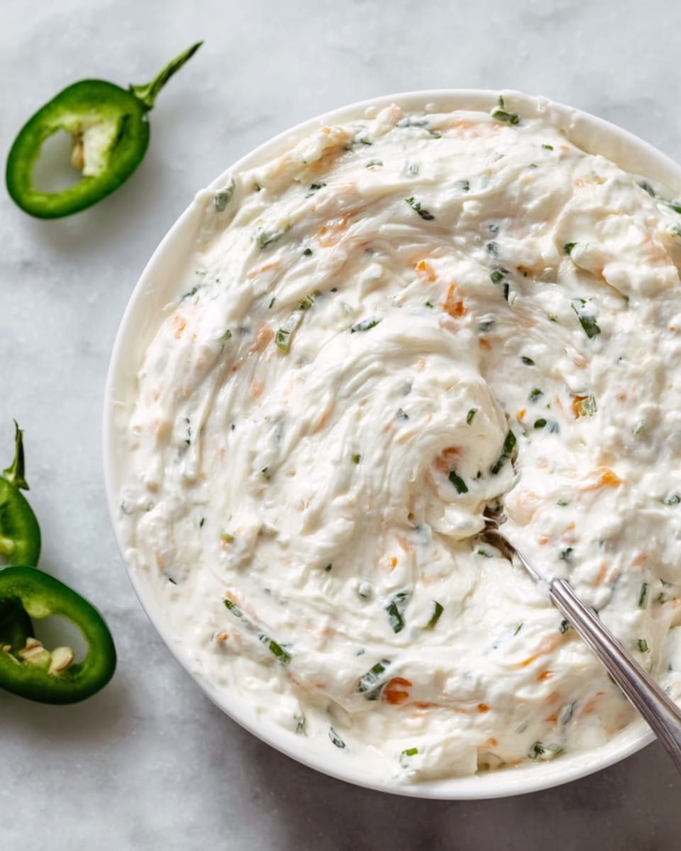 A close-up of a small white bowl filled with a thick, creamy dip that is light pinkish-beige with small green herb bits mixed in, creating a textured surface. A silver spoon rests inside the bowl, partly covered with the dip. To the left of the bowl, there are two slices of fresh green jalapeño pepper and a small portion of red salsa visible on the white marbled surface beneath. The overall setting is bright and clean with a focus on the creamy dip and its fresh ingredients. photo taken with an iphone --ar 4:5 --v 7