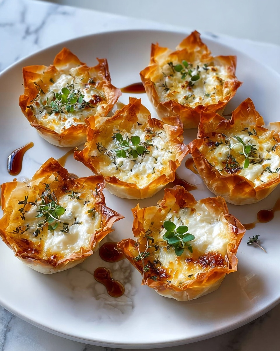A white plate holds seven small, round tartlets made with crispy, golden-brown phyllo dough shaped like flower petals with jagged edges. Each tartlet is filled with a creamy white cheese layer, topped with a light layer of melted cheese that has golden spots, sprinkled with green herbs. A small drizzle of dark brown sauce is on the cheese and around the tartlets on the white plate. Each tartlet is garnished with a small sprig of fresh green herbs, adding a pop of color. The background has a white marbled texture. photo taken with an iphone --ar 4:5 --v 7