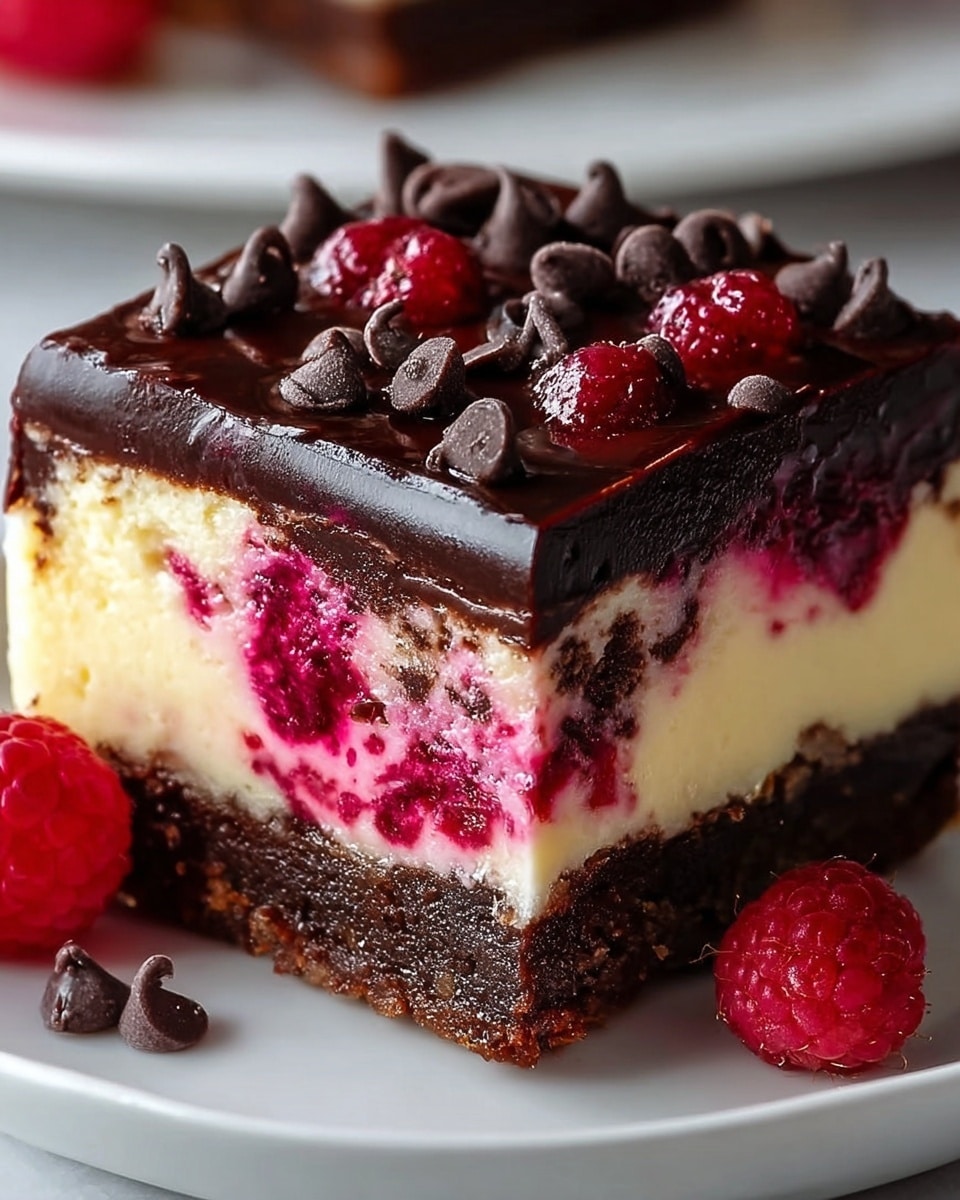 A close-up of a square dessert bar on a white plate with a white marbled background, showing four distinct layers: at the bottom, there is a dark brown, firm crust with a slightly crumbly texture; above it, a smooth, glossy, deep chocolate layer; next is a creamy, pale yellow cheesecake layer mixed with swirls of bright pink raspberry jam and chunks of dark red raspberries; the top layer is a shiny dark chocolate ganache covered with fresh whole bright red raspberries and scattered dark chocolate chips. A few chocolate chips and a single raspberry sit beside the dessert on the plate. Photo taken with an iphone --ar 4:5 --v 7