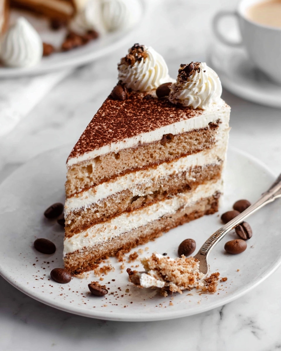 A slice of four-layer light brown cake with creamy white frosting between each layer sits on a white round plate. The top layer is covered with smooth white frosting and dusted with cocoa powder. Two small swirls of white cream with a sprinkle of cocoa powder sit on the top edge. Chocolate bits are placed near the swirls and scattered on the plate, along with a few round chocolate-covered coffee beans. A silver fork with some white frosting and chocolate crumbs rests on the plate. The scene is set on a white marbled surface. Photo taken with an iphone --ar 4:5 --v 7