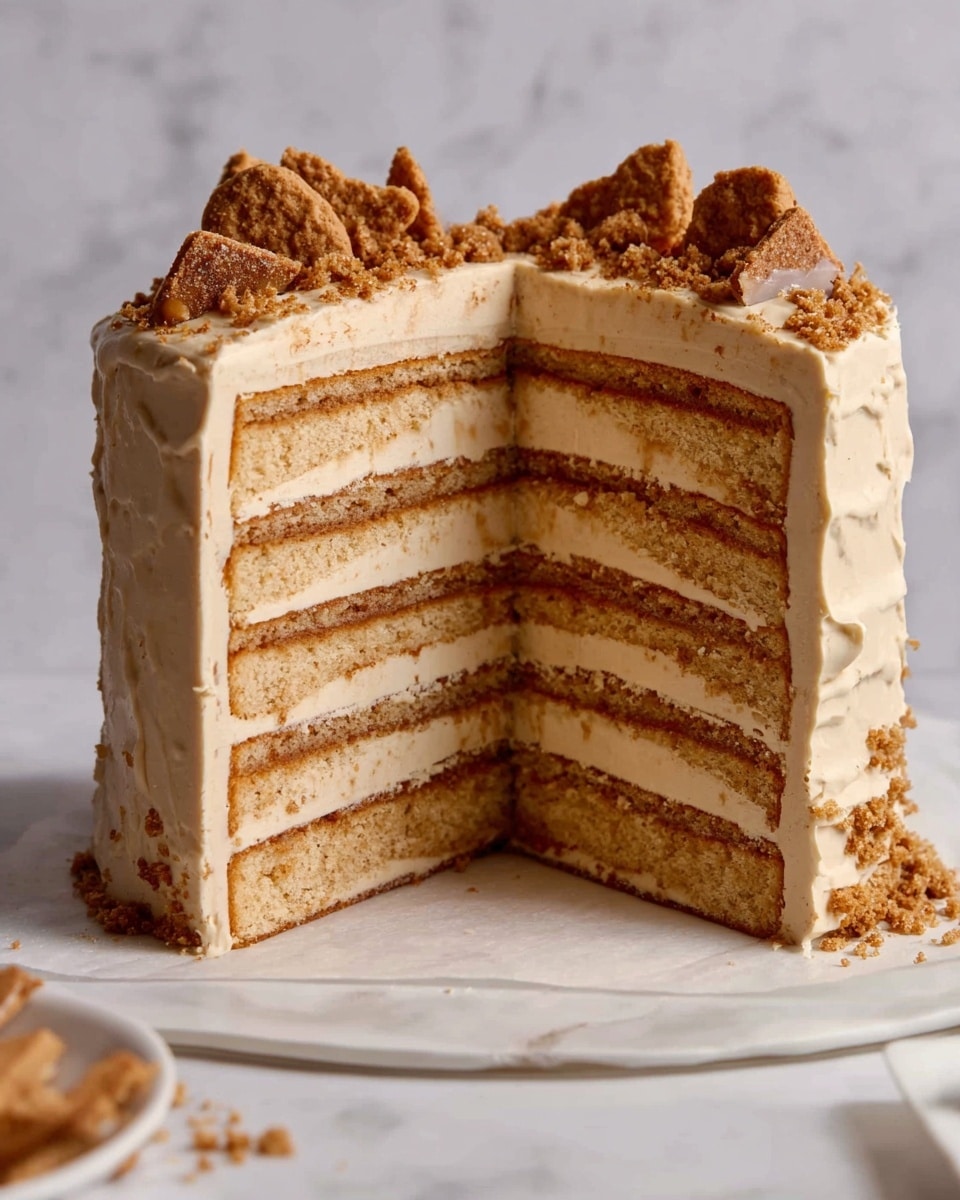 The image shows a tall, multi-layered cake with six visible layers of light beige sponge separated by thin layers of creamy tan frosting. The outside is coated in the same tan frosting with a smooth texture, and the top is covered with a thicker layer of frosting and topped with crumbled brown cookie pieces and a few larger cookie fragments arranged on top. The cake is placed on white parchment paper on a white marbled surface. A section of the cake is cut out, revealing the even layers inside. Photo taken with an iphone --ar 4:5 --v 7