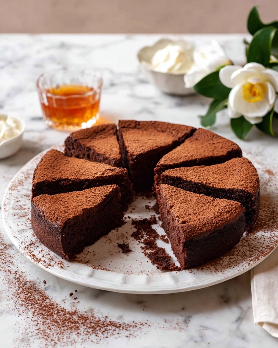 A rich chocolate cake with a dense, moist dark brown layer and a slightly cracked top layer of a lighter brown cocoa dusting, sliced into eight pieces with one slice partially lifted in the center, all placed on a white plate with a scalloped edge; the plate sits on a white marbled surface with scattered cocoa powder around its edges. In the background, there is a clear glass filled with amber liquid and a small clear bowl of white cream. Additionally, a white camellia flower with green leaves is visible to the right. Photo taken with an iphone --ar 4:5 --v 7