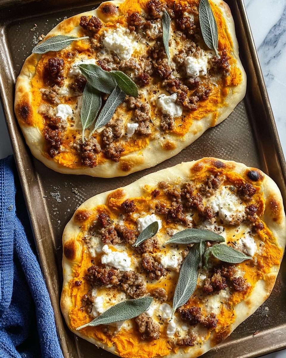 Two oval-shaped flatbreads are shown, each with a thick, slightly puffed and golden-edged crust. The base layer is a rich orange pumpkin sauce spread evenly over the dough. On top, there are scattered browned crumbles of sausage, adding a rough texture and darker brown color. Dollops of creamy white ricotta cheese are placed in several spots. Large, fresh sage leaves with a soft green and gray shade rest on top as the final layer. The flatbreads are on a dark metal baking sheet with a blue cloth visible on the left side, all set against a white marbled background. Photo taken with an iphone --ar 4:5 --v 7