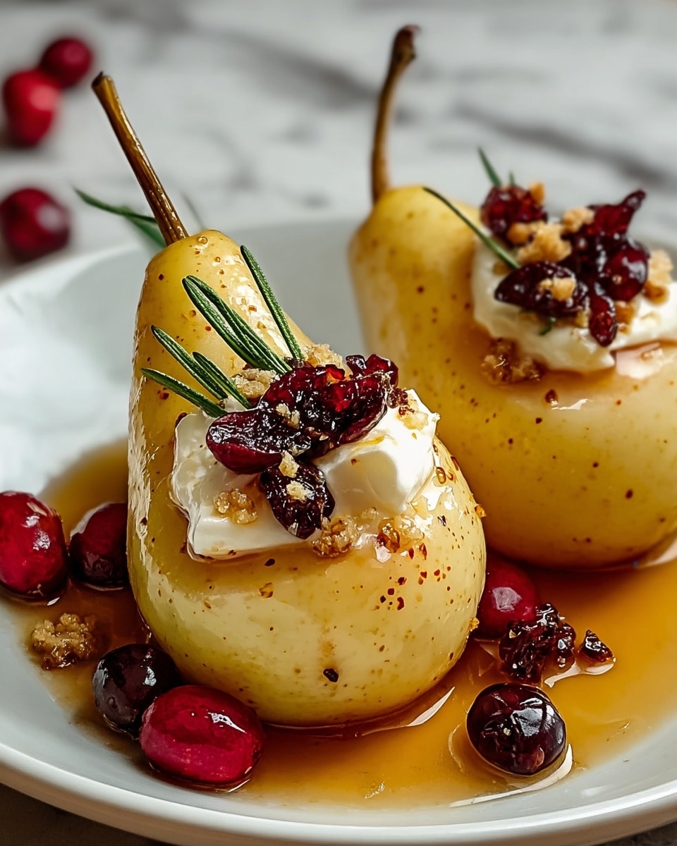 The dish shows six pear halves arranged on a white rectangular plate, each pear half golden yellow with a soft, slightly caramelized texture and the skin still on. On top of each pear half, there is a dollop of creamy white cheese, layered with a glossy, deep red cranberry sauce containing whole cranberries. Small fresh green mint leaves are placed between some of the pears, and the plate is covered lightly with a shiny, amber-colored syrup that pools around the pears, creating a glossy finish. The background is a white marbled texture, and the photo has a warm, close-up view highlighting the juicy and fresh appearance of the pears and toppings, photo taken with an iphone --ar 4:5 --v 7