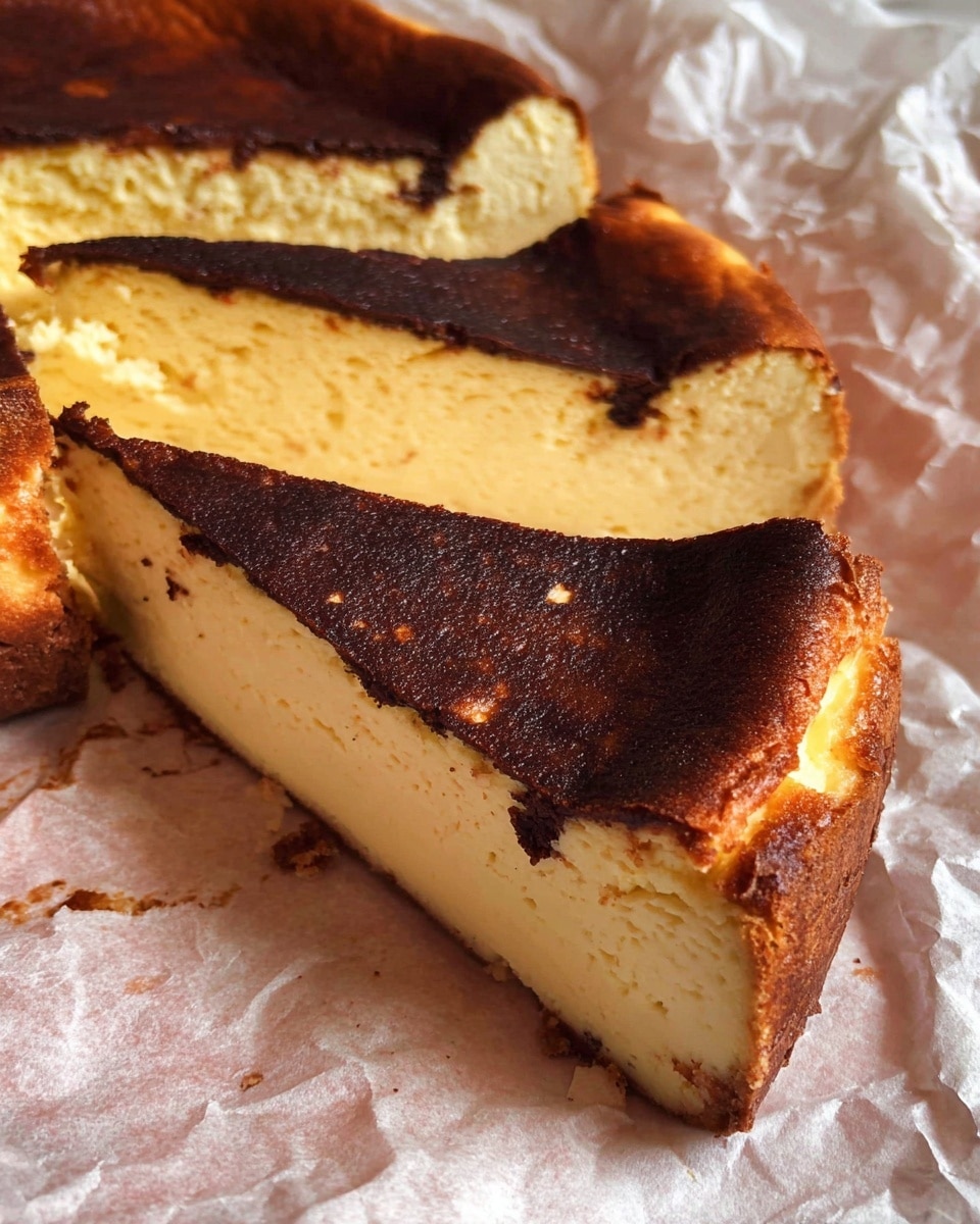 The dish shows three thick slices of cheesecake with a rich, dark brown, slightly burnt top layer and a creamy light yellow inside layer. The cheesecake's texture looks smooth and dense, with a slightly uneven edge where it was cut. The slices rest on crumpled parchment paper, all placed on a white marbled texture. Photo taken with an iphone --ar 4:5 --v 7