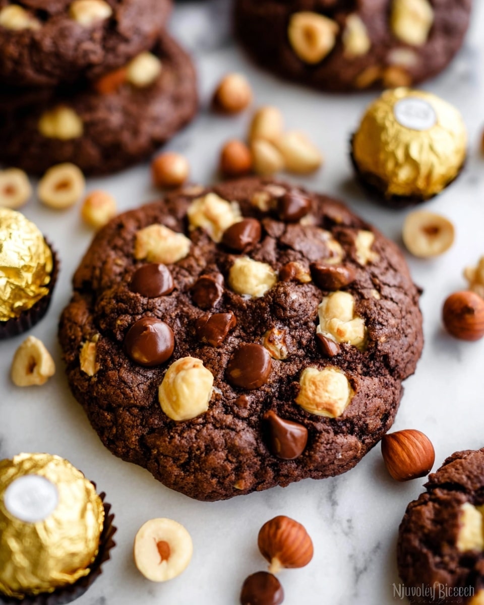 The image shows seven thick chocolate cookies scattered on a white marbled surface. Each cookie is rich brown with a slightly rough texture, filled with visible chunks of dark chocolate chips and golden brown hazelnut pieces, spread evenly across the surface. Alongside the cookies to the bottom right, there are four round chocolates wrapped in shiny gold foil with a crinkled texture, placed neatly touching each other. The close-up shot captures the details of the cookie surface, showing some cracks and the softness of the chocolate chips. photo taken with an iphone --ar 4:5 --v 7