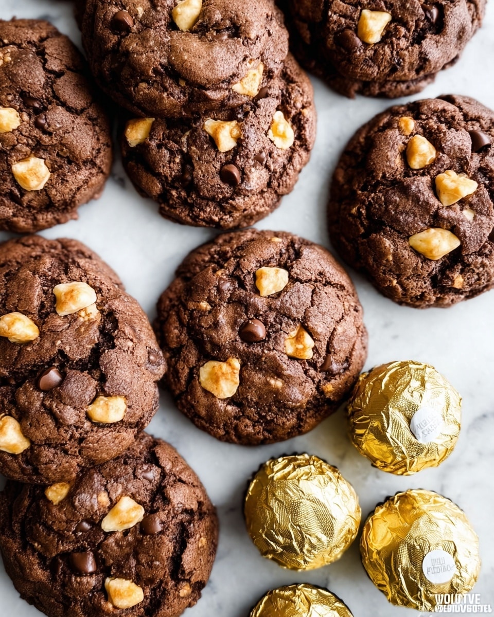 A close-up view of a thick chocolate cookie topped with dark chocolate chips and scattered pieces of hazelnuts with their brown and cream colors visible, laying on a white marbled surface. Around the cookie, there are several more whole hazelnuts and chocolate chips, along with partially blurred chocolate cookies in the background and a single Ferrero Rocher candy wrapped in gold foil sitting near the cookies. The overall texture is rich and chunky, with the cookie showing cracks and a soft, dense appearance. photo taken with an iphone --ar 4:5 --v 7