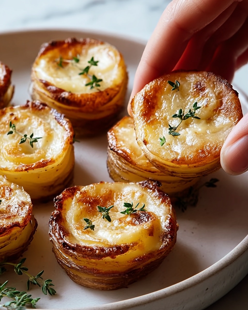 A close-up view of four golden brown crispy potato stacks sitting on a white plate with a white marbled texture underneath. Each stack has multiple thin, layered potato slices cooked tightly together to form a thick, round shape with edges browned and slightly crisp. The top layer is creamy and melted cheese with bubble brown spots, garnished with small sprigs of fresh green thyme. A woman's hand is seen gently touching one of the stacks from the top left side. Photo taken with an iphone --ar 4:5 --v 7