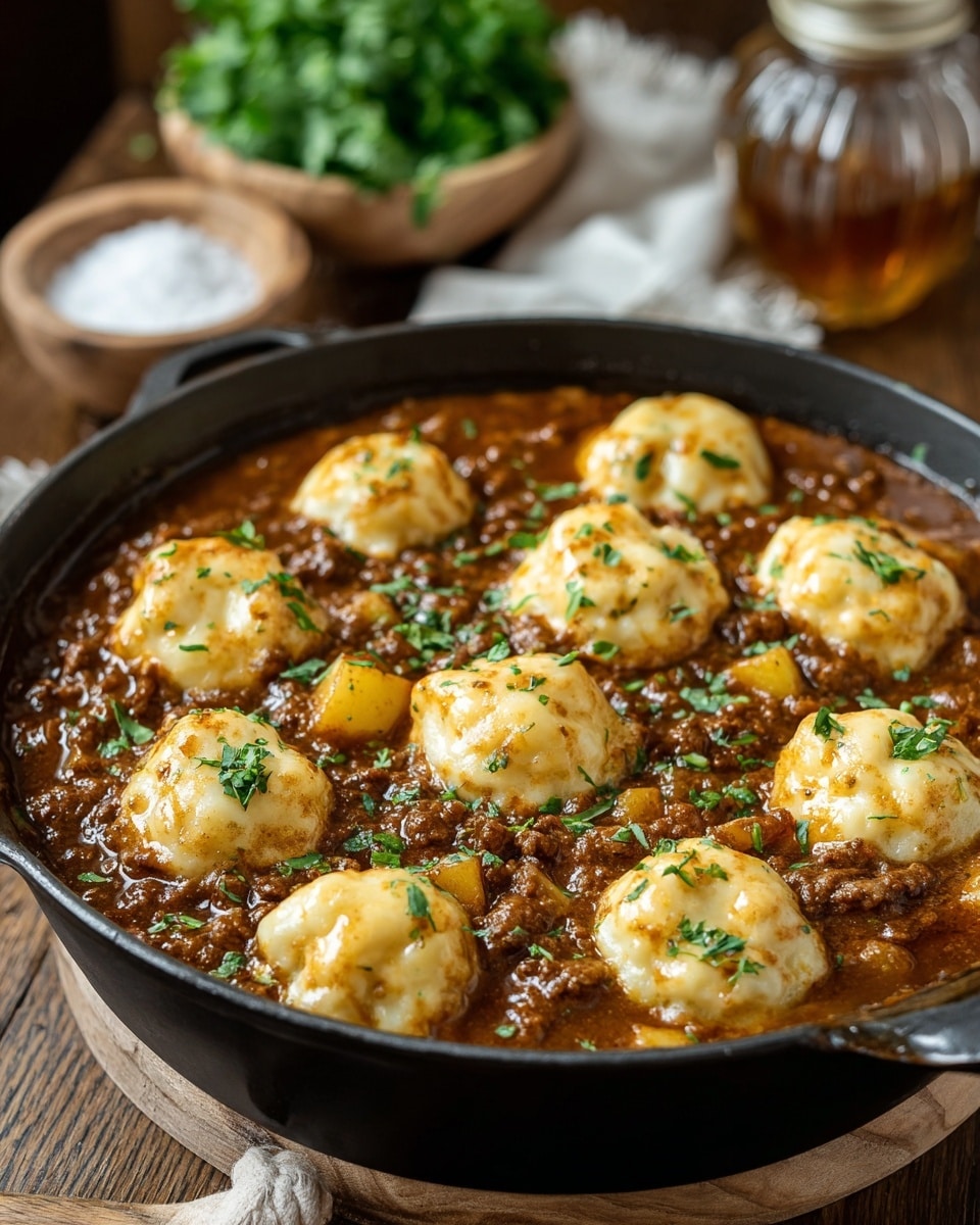 A black skillet filled with a rich brown meat sauce mixed with small chunks of potatoes, topped with twelve creamy, golden-brown dumplings arranged evenly across the surface. The dumplings have a soft, slightly browned texture, sitting partially submerged in the sauce. Fresh green chopped herbs sprinkle over both the dumplings and sauce. In the background, there are blurred green leafy herbs, a wooden bowl with coarse salt, and a small jar, all placed on a wooden surface replaced by a white marbled texture. photo taken with an iphone --ar 4:5 --v 7