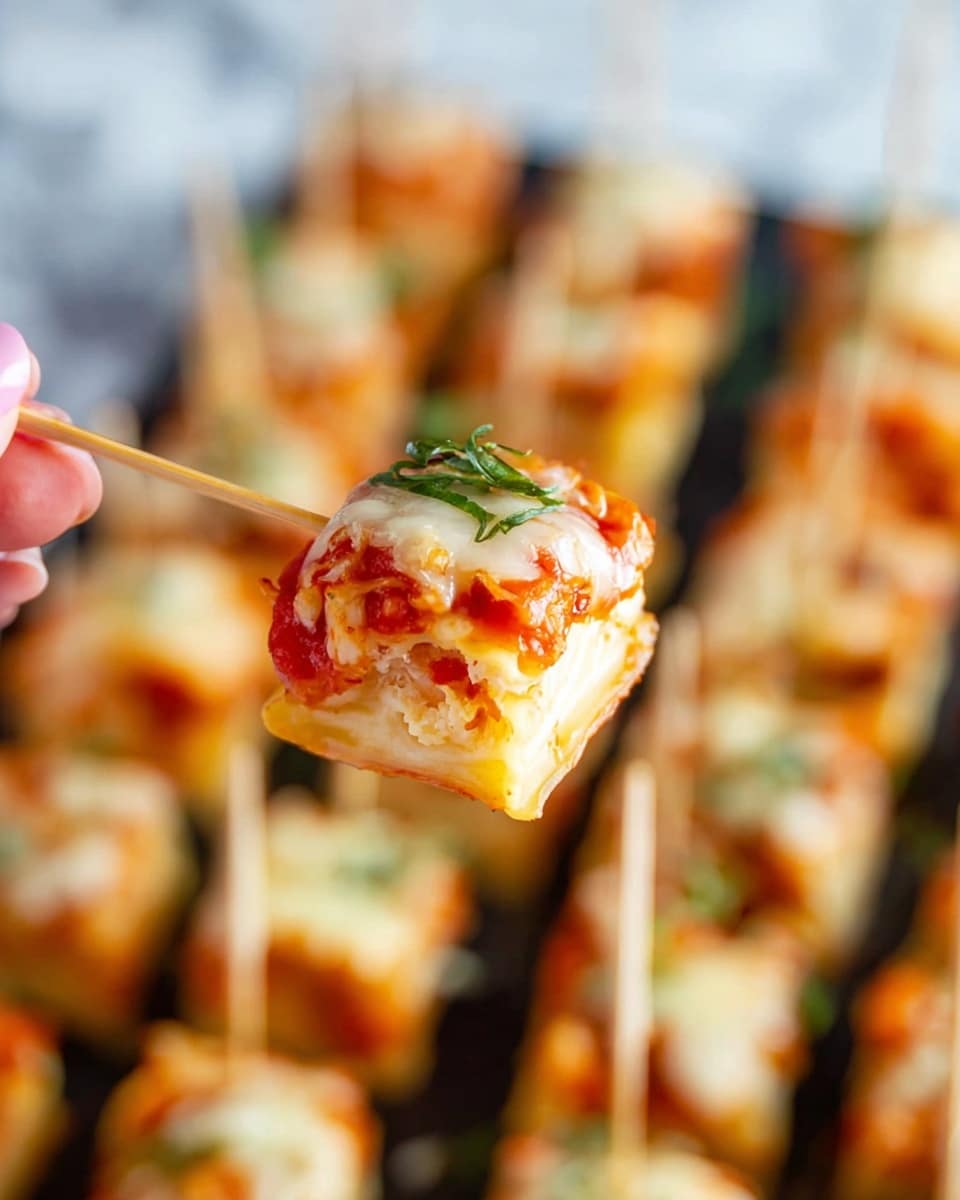 A close-up shows a bite-sized cheesy pasta piece on a toothpick, held by a woman's hand. The pasta is square-shaped with a pale yellow color and soft texture. On top, there is a layer of bright red tomato sauce, covered by melted white cheese with a gooey, slightly browned texture, garnished with small green herb pieces. In the blurred background, many similar cheesy pasta squares are arranged closely on a white marbled surface. photo taken with an iphone --ar 4:5 --v 7