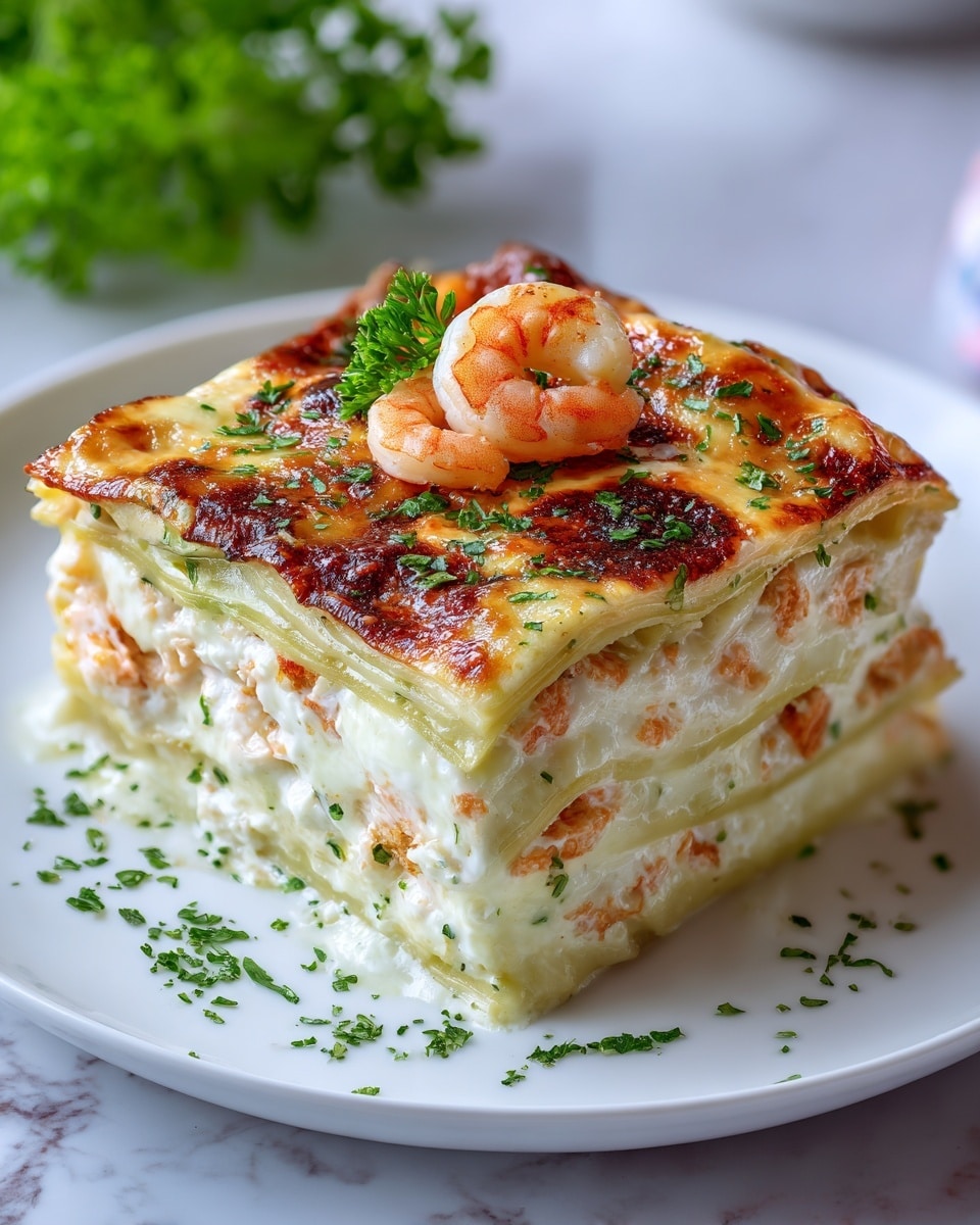 A square piece of lasagna with four visible pasta layers, each separated by a creamy white cheese mixture with small orange shrimp pieces inside, topped with a browned, bubbly cheese layer sprinkled with chopped green herbs and a few whole shrimp on top, all placed on a white plate, set on a white marbled surface with a green leafy herb in the background, photo taken with an iphone --ar 4:5 --v 7