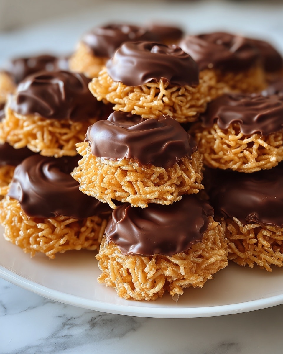 The image shows a pile of small round treats on a white plate, each treat made of golden, crunchy, thin noodle-like strands forming a loosely woven base layer with a slightly shiny, honeyed texture. On top of this base is a thick, glossy layer of dark chocolate that looks smoothly spread with soft waves and folds, covering just the top half of each treat. The contrast between the golden crunchy bottom and the rich, dark, shiny top is very clear, and the plate rests on a surface with a white marbled texture. Photo taken with an iphone --ar 4:5 --v 7