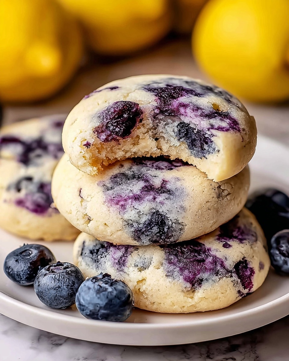 A white plate holds three soft, round blueberry cookies with a slightly cracked surface, showing a marbled mix of light beige dough and deep purple blueberry spots, one cookie stacked on top of another with a single bite taken from the top one. Fresh whole blueberries rest on the plate near the cookies, and blurred yellow lemons are in the background, all set on a white marbled surface. The texture of the cookies looks soft and moist with visible blueberry juice staining parts of the dough. photo taken with an iphone --ar 4:5 --v 7