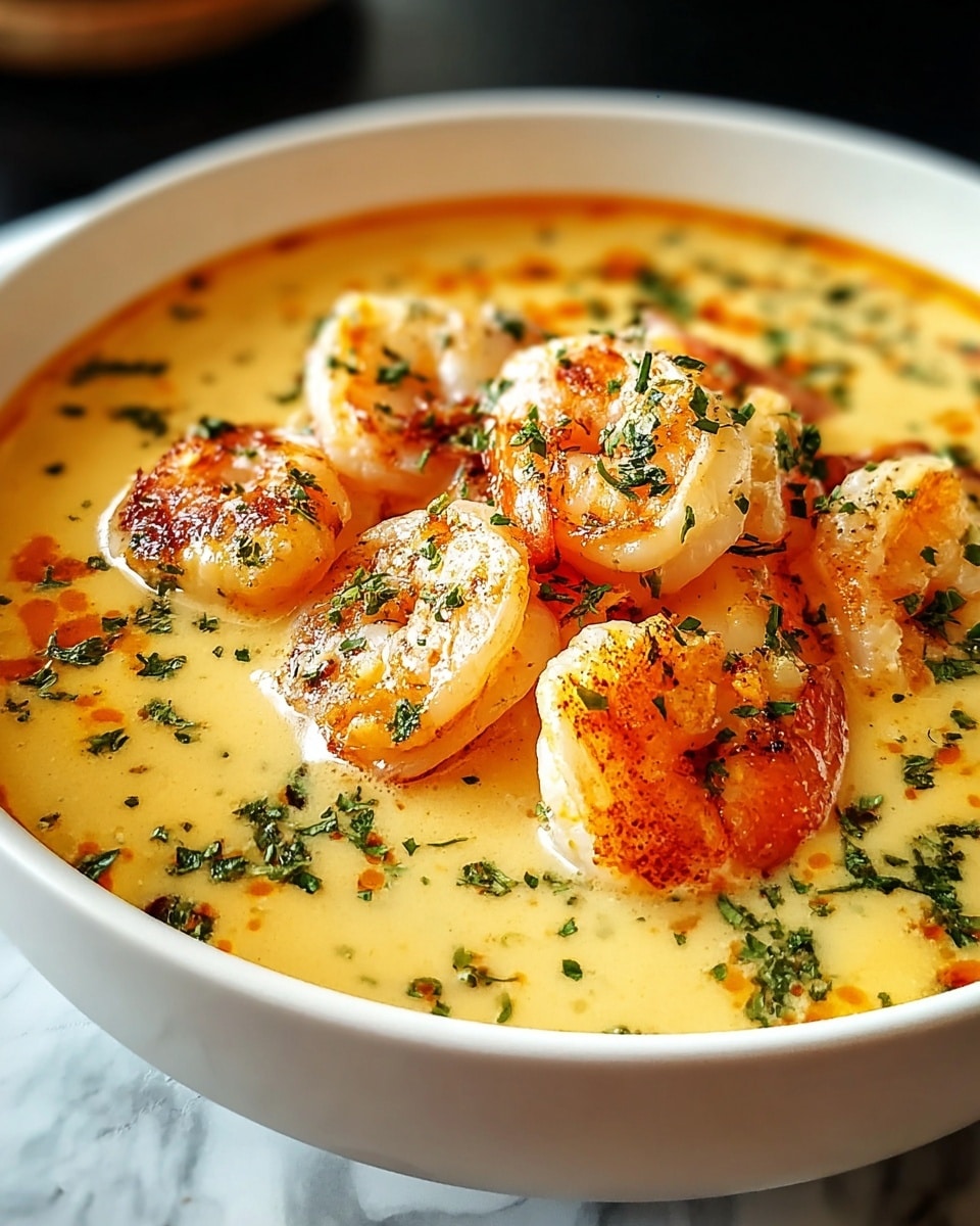 A white bowl filled with a thick creamy yellow soup as the base layer, smooth in texture and covering the entire bowl. On top, spread evenly are several small cooked shrimp with a pink and white color, some showing tails with an orange hue. The shrimp are garnished with small green herb pieces scattered over the soup. The bowl sits on a stack of two white plates, set against a white marbled surface in soft natural light. photo taken with an iphone --ar 4:5 --v 7