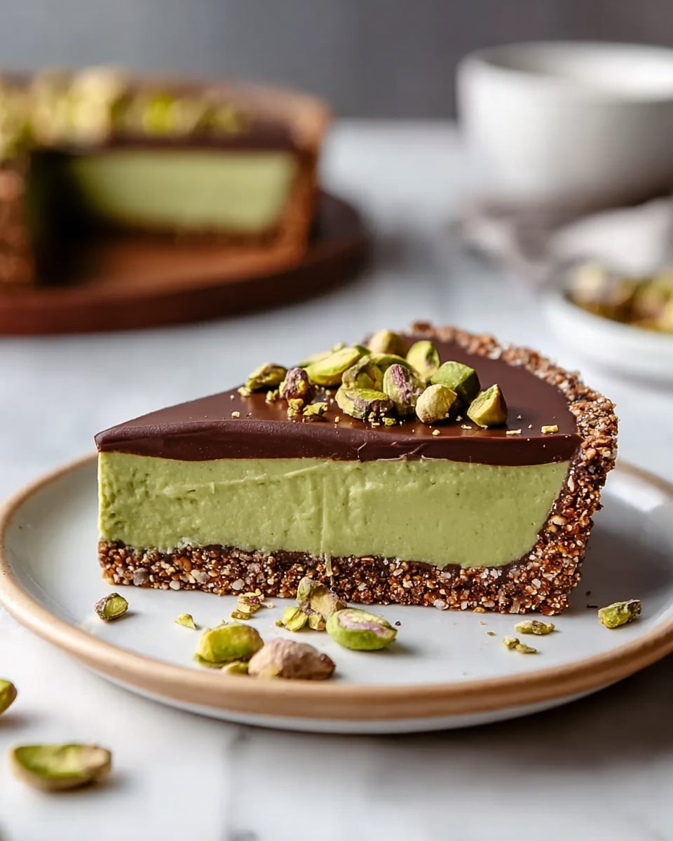 The image shows a slice of pie on a white plate with a light brown rim, placed on a white marbled surface. The pie has three layers: a crunchy, textured brown crust at the bottom, a thick middle layer of smooth green filling with small pistachio pieces embedded inside, and a glossy dark brown chocolate layer on top. There are whole and chopped pistachios arranged on one edge of the top chocolate layer. In the background, blurred, is another piece of the pie. Photo taken with an iphone --ar 4:5 --v 7