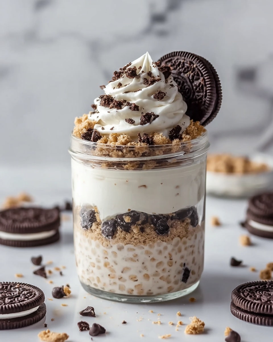 The image shows a clear glass jar with four layers. The bottom layer is a creamy oatmeal with visible chocolate chips embedded inside. Above it is a white creamy layer with crumbled cookie bits and chocolate chips scattered in between. Next, there is a thick white cream layer topped with a swirl of white whipped cream. The whipped cream is decorated with chocolate chips and cookie crumbs. A whole Oreo cookie is placed on the side, partially inserted into the whipped cream. The jar sits on a white marbled surface with some chocolate chips and crumbled cookies scattered around. Photo taken with an iphone --ar 4:5 --v 7