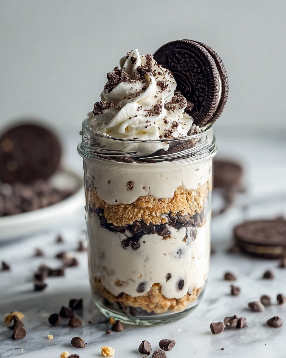 A clear glass jar shows a layered dessert with five layers: the bottom layer is a creamy mixture with small pieces and dark chocolate chips mixed throughout, above it is a smooth white cream layer with scattered chocolate chips, then a crunchy layer made of light brown crumbs mixed with chocolate chunks and chocolate chips, topped by another thick white cream layer, and finished with a generous swirl of white whipped cream sprinkled with dark crumbs and chocolate chips. On top, two whole chocolate sandwich cookies are placed one vertically inside the cream, and one as a backdrop. The jar sits on a white marbled surface scattered with chocolate chips and crumbs. photo taken with an iphone --ar 4:5 --v 7