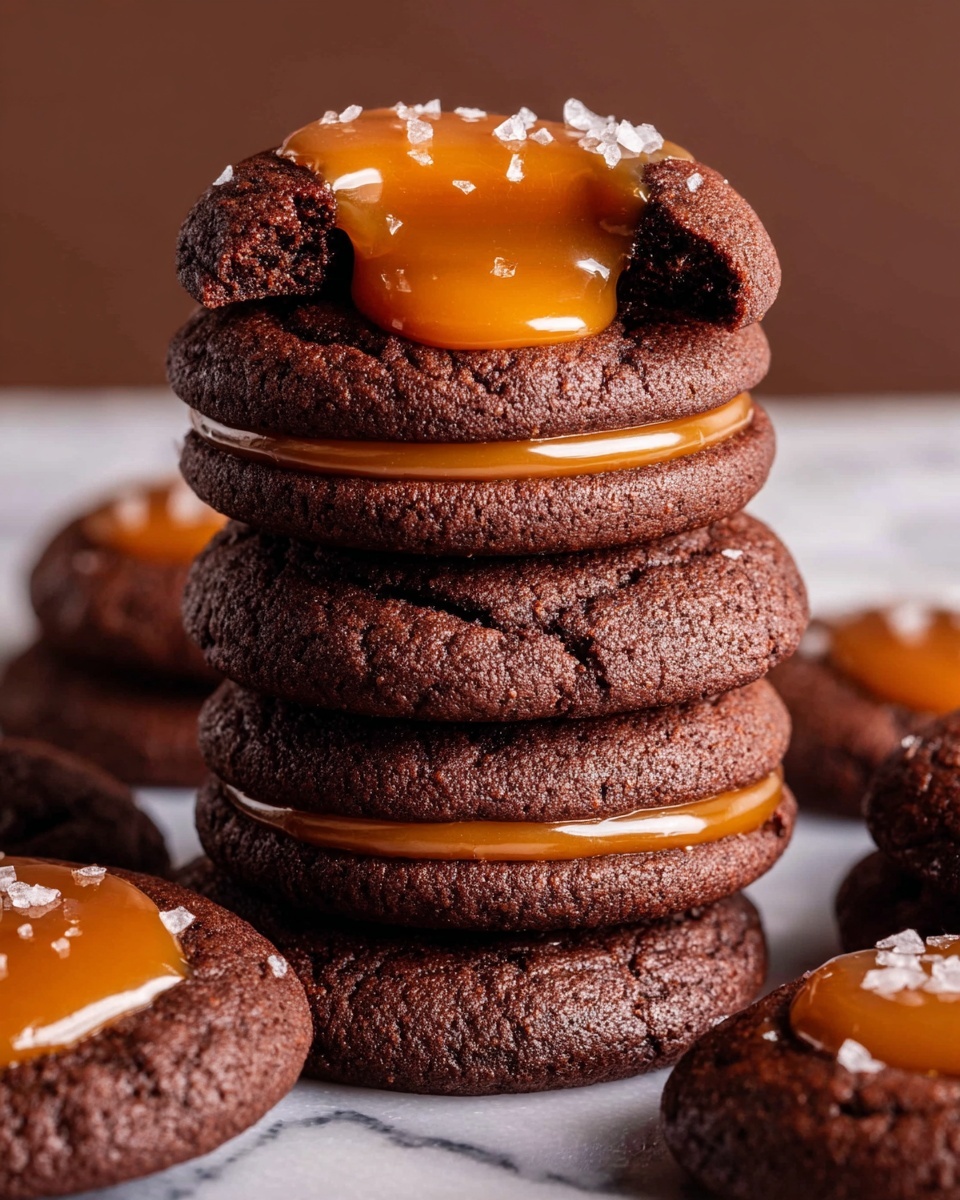 A close-up view of a stack of five dark brown chocolate cookies, each with a soft, smooth caramel filling visible between the layers, topped with a shiny, thick caramel dollop that slightly overflows the top cookie. The cookies have a rich, dense texture with a slightly cracked surface, and the caramel is golden-brown and glossy, catching the light. Around the stack, there are a few more cookies of the same type lying flat, each with a generous caramel topping sprinkled with coarse salt. The entire scene is placed on a white marbled surface, highlighting the deep brown and warm caramel colors. Photo taken with an iphone --ar 4:5 --v 7