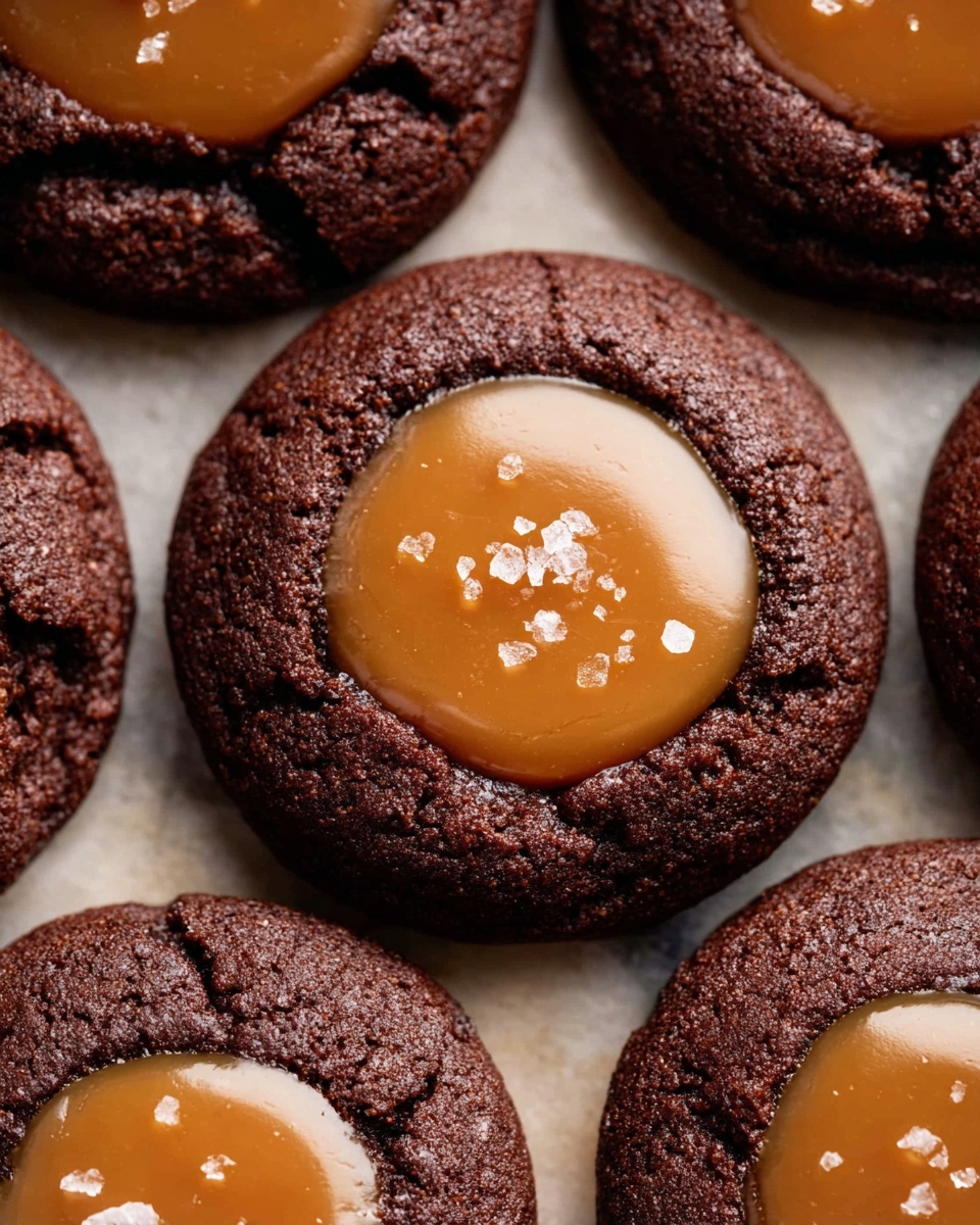 A close-up of dark brown chocolate cookies with a smooth, shiny caramel layer spread neatly in the center of each cookie. The caramel is light golden brown with small sparkling salt crystals sprinkled on top, adding texture and a slight shine. The cookies have a rich, crumbly surface contrasting with the soft, glossy caramel, all resting on a white marbled texture. photo taken with an iphone --ar 4:5 --v 7