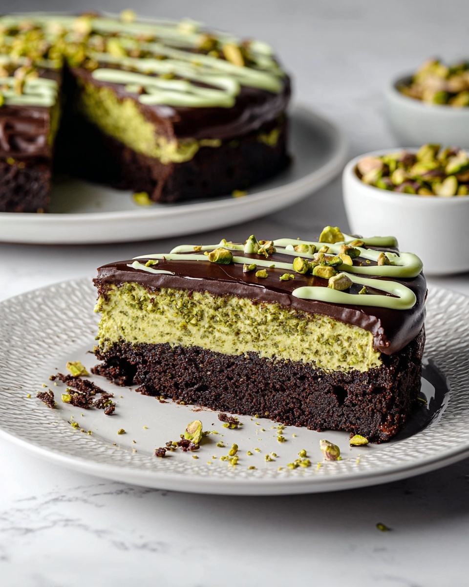 The image shows a three-layered cake on a white plate with a textured edge, set on a white marbled surface. The bottom layer is thick and dark brown, looking dense and moist like chocolate cake. The middle layer is bright green with a rough texture, suggesting a pistachio or nut-based cream filling. The top layer is a smooth, shiny dark chocolate glaze with a decorative drizzle of light green sauce and sprinkled green nut slices on top. A slice is missing from the cake, showing the clear separation between the layers and some crumbs around the plate. In the background, there is another sliced piece of the same cake on a similar white plate and a white bowl filled with more green nut slices. photo taken with an iphone --ar 4:5 --v 7