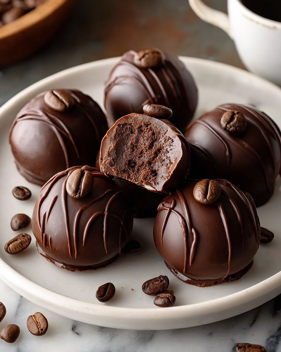 A white plate holds eight smooth, shiny dark chocolate balls, each decorated with thin dark chocolate drizzles running down the sides and topped with a single glossy coffee bean. One chocolate ball at the top center has a bite taken out, revealing a dense, moist, dark brown chocolate filling inside. Some loose coffee beans are scattered on the white plate and around it. The plate sits on a white marbled surface. photo taken with an iphone --ar 4:5 --v 7