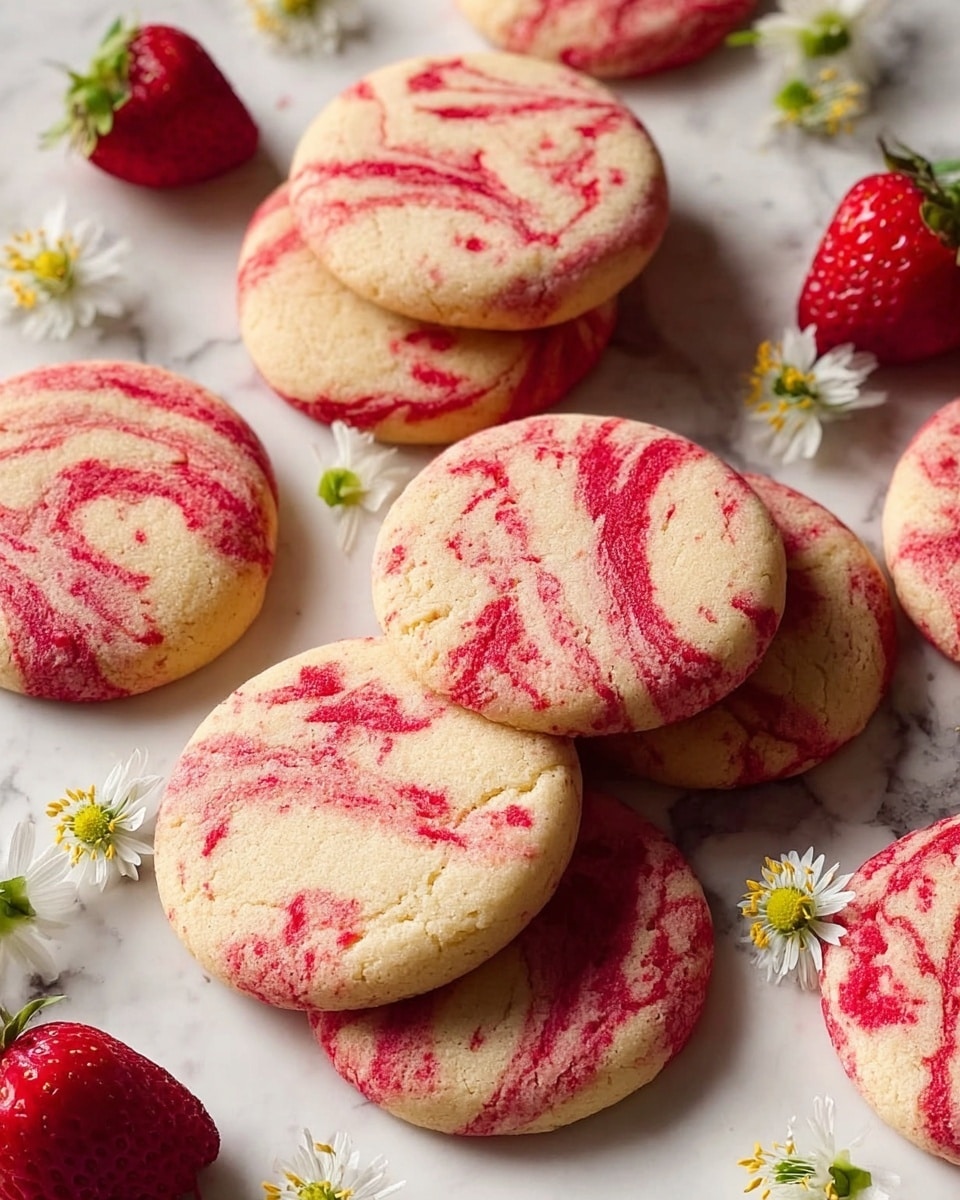 The image shows a close-up of seven round cookies with a soft texture, each having swirls of red and light cream colors mixed evenly throughout the dough. The cookies are arranged on a white marbled surface, some stacked while others lie flat, giving a sense of depth and layering. Small white flowers with yellow centers are scattered around the cookies, adding a delicate decorative touch. Several whole red strawberries with green tops are placed on the surface, enhancing the fresh and fruity theme of the image. The overall look is bright and inviting. photo taken with an iphone --ar 4:5 --v 7