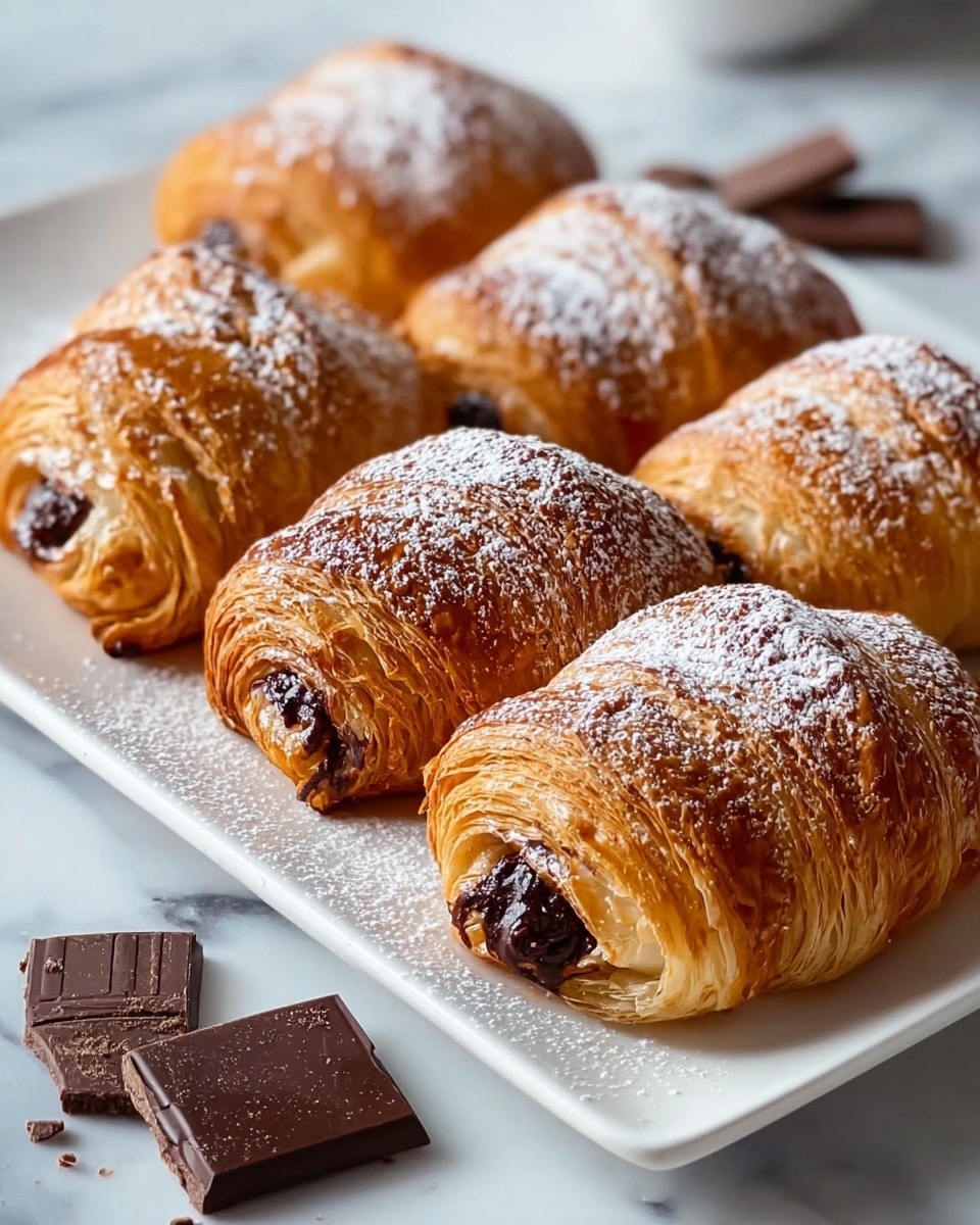 A white rectangular plate holds six golden-brown chocolate croissants, each showing multiple flaky layers with a shiny, slightly crisp surface dusted with powdered sugar. The croissants are arranged in two rows, and the front ones have visible dark, glossy chocolate peeking out from their ends. Around the plate on a white marbled surface, there are small pieces of broken dark chocolate and a light sprinkling of powdered sugar. The warm tones and textures of the croissants contrast with the white plate and background. Photo taken with an iphone --ar 4:5 --v 7