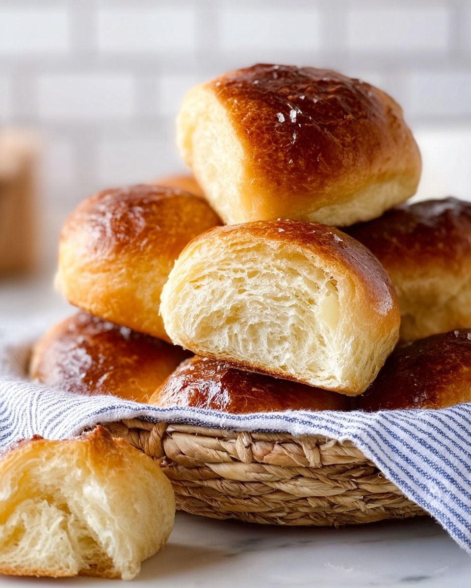 A pile of six soft bread rolls with shiny golden brown tops and fluffy light beige insides sits in a woven basket. One roll is placed so its inside is fully visible, showing a light, airy texture. A blue and white striped cloth peeks from the basket’s edge. The scene is set on a white marbled surface with blurred white tiled walls in the background. The photo captures the warm, fresh look of the rolls up close. photo taken with an iphone --ar 4:5 --v 7